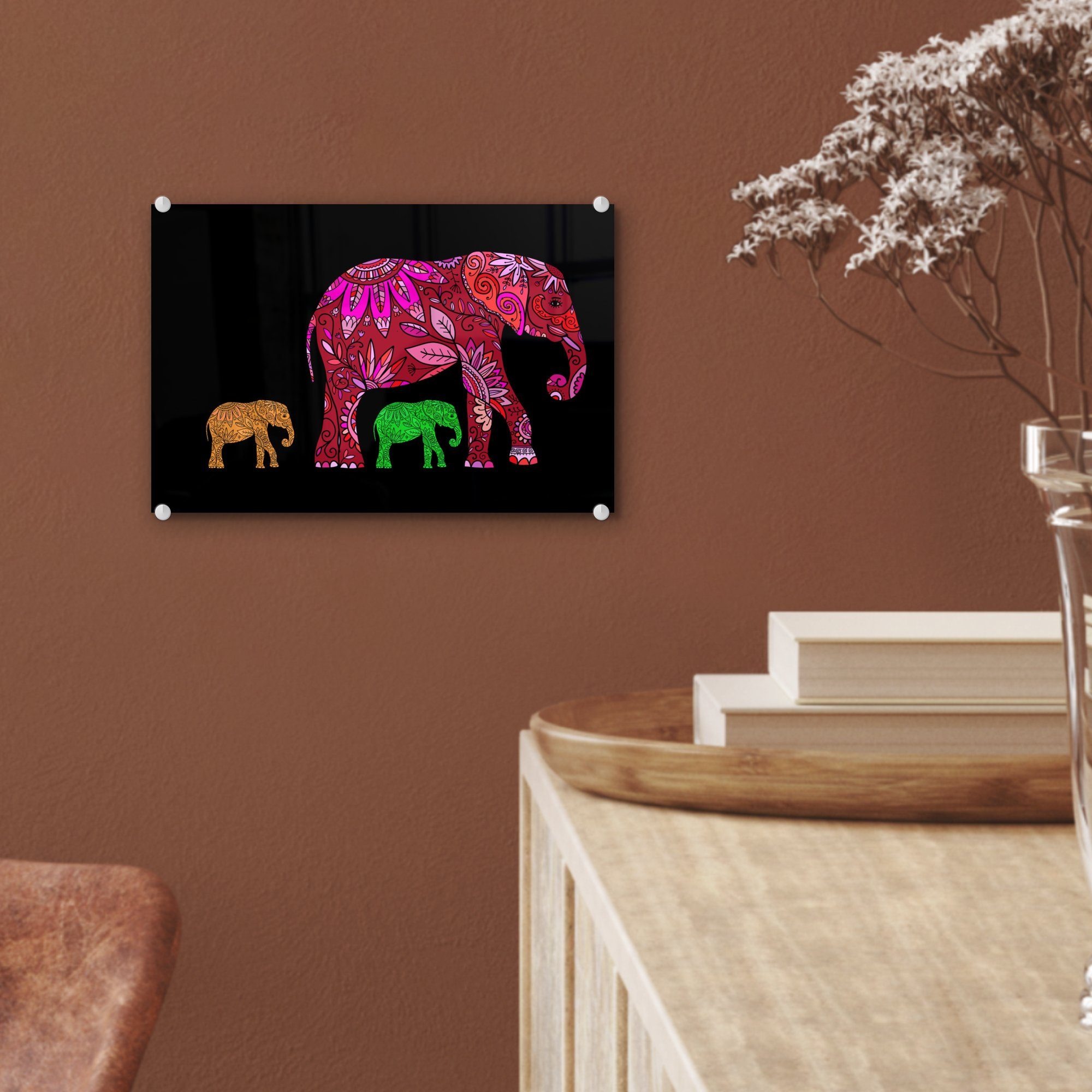 Foto Wandbild Blumen Glas auf - Glas Muster Glasbilder St), - auf Wanddekoration (1 Bilder Pflanzen, - - MuchoWow Acrylglasbild - - Elefanten