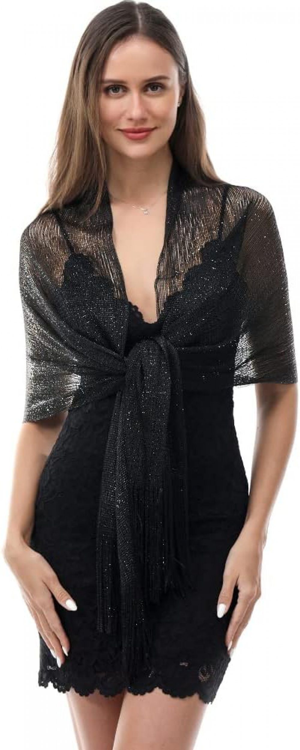 schwarz shawl Holiday sparkling for metal suitable buckle Schal parties WaKuKa evening