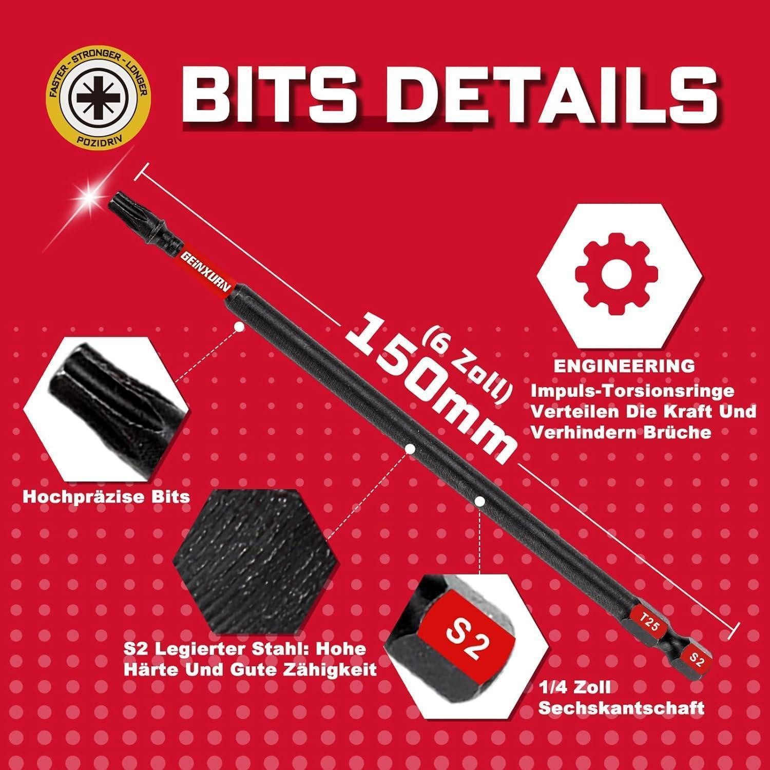 LuxusKollektion Bit-Set Schrauberbitsatz T25 150mm 10Stück S2 Magnetisch