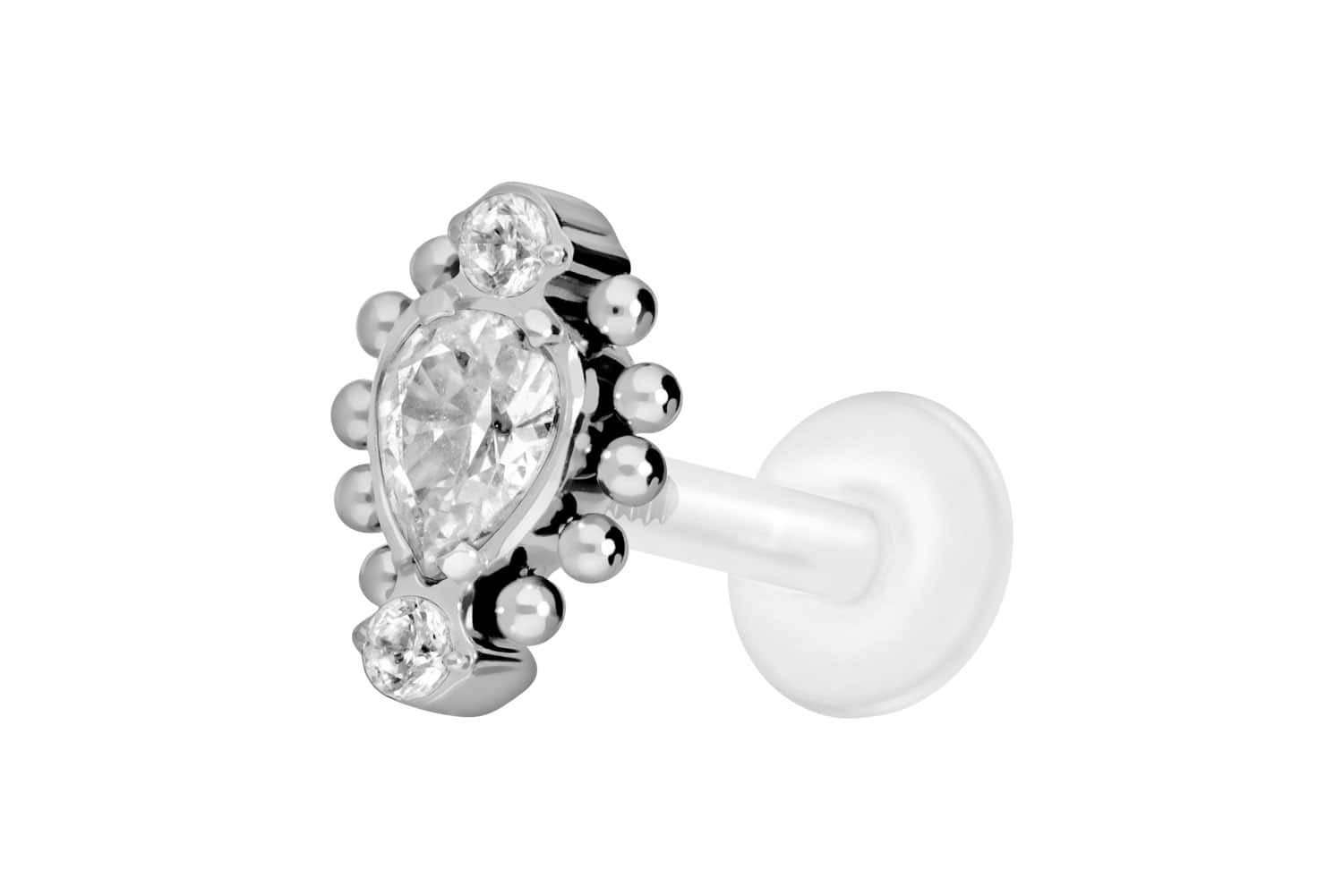 Piercing-Set PTFE Labret mit Innengewinde + Titan-Aufsatz 3 EINGEFASSTE KRISTALLE +