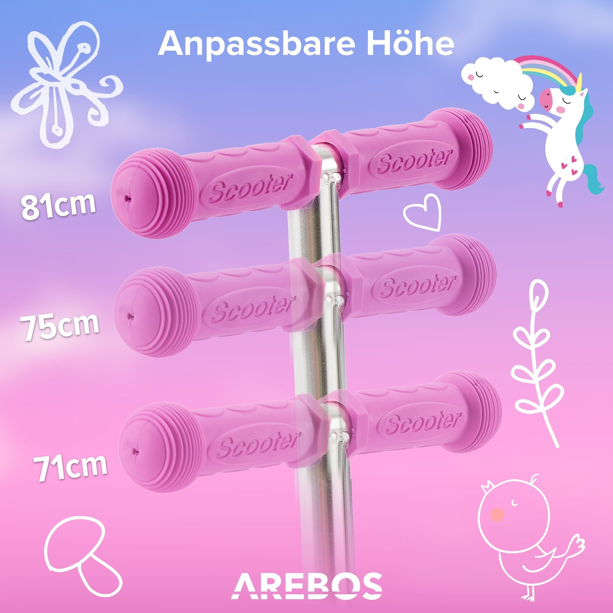 Arebos Scooter Kinder Cityroller, Tretroller, LED-Räder Pink