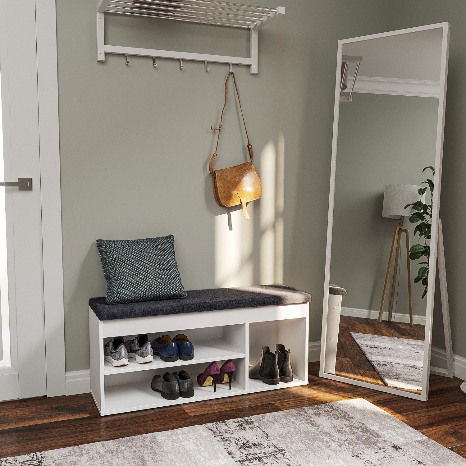 KOMTO Schuhbank Mit Sitzfläche Schuhregal Bank mit Stauraum Schuhschrank mit Sitzbank, für 6 bis 8 Paar, Spanplatte, Sofia 100 x 48 x 32 cm