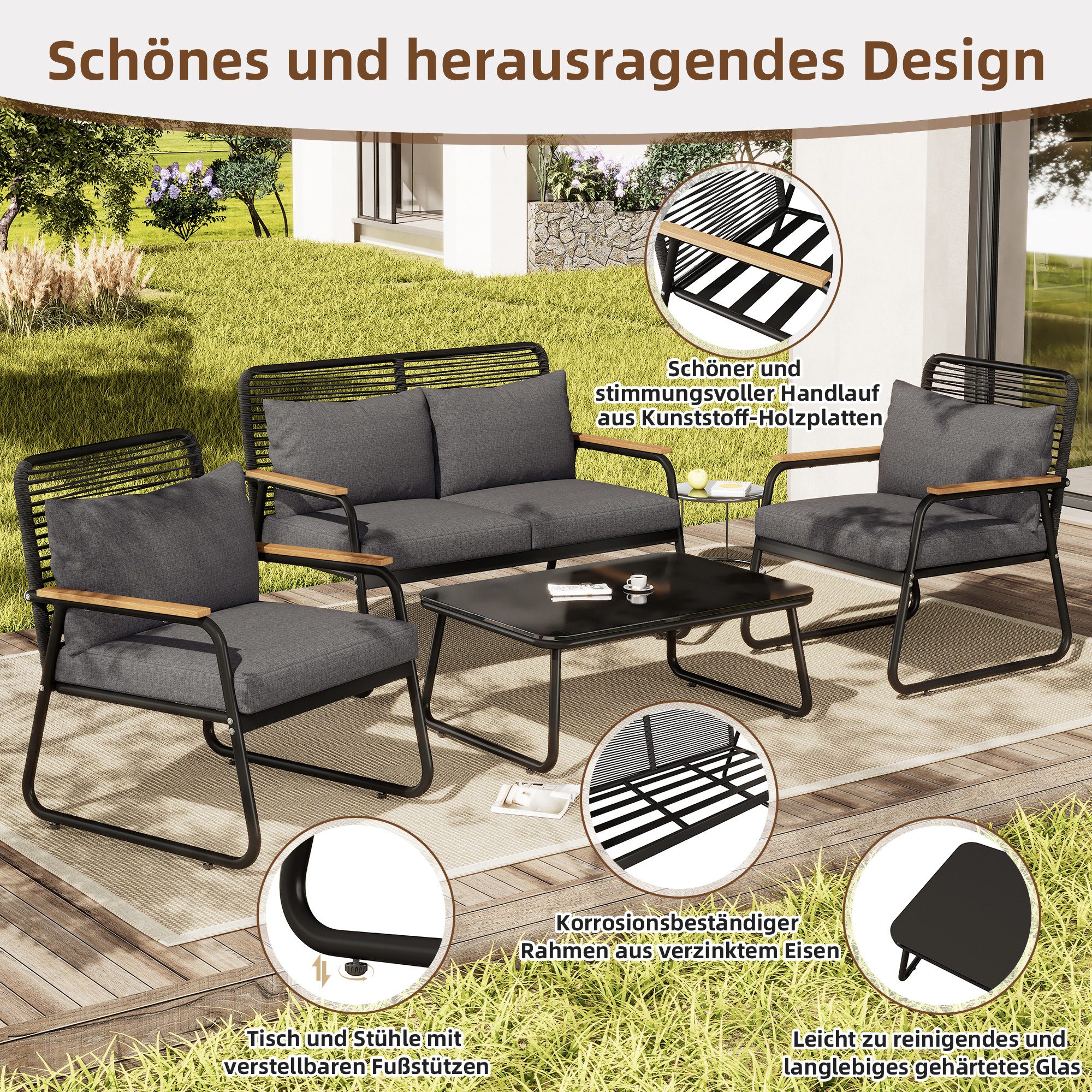 STILVORA Gartenlounge-Set mit 2 Sessel,Doppelsofa&Glastisch,Gartenmöbelset mit Beine verstellbar, (Gartenmöbel-Set für 4 Personen – Doppelsofa, Einzelsofas & Couchtisch mit verstellbaren Beinen., Doppelsofa: 118*65*78cm Einzelsofa: 63*65*78cm Tisch: 80*50*39cm), mit Relaxfunktion