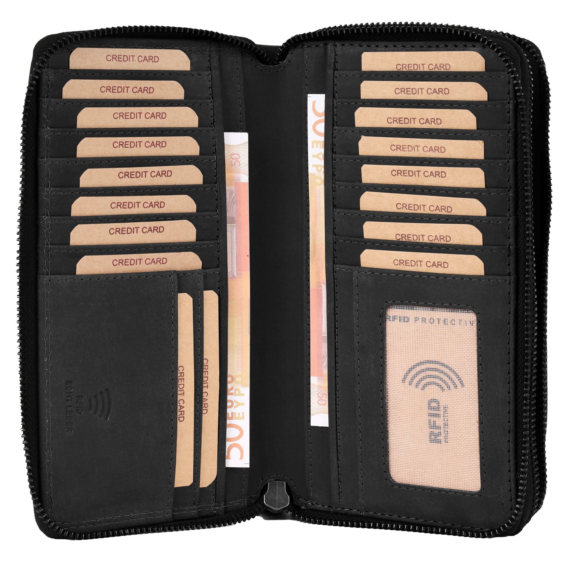 Benthill Geldbörse Damen Groß Echt-Leder RFID Portemonnaie Leder mit vielen Kartenfächer, RFID-Schutz Kartenfächer Münzfach Reißverschlussfach – Bild 4 von 5