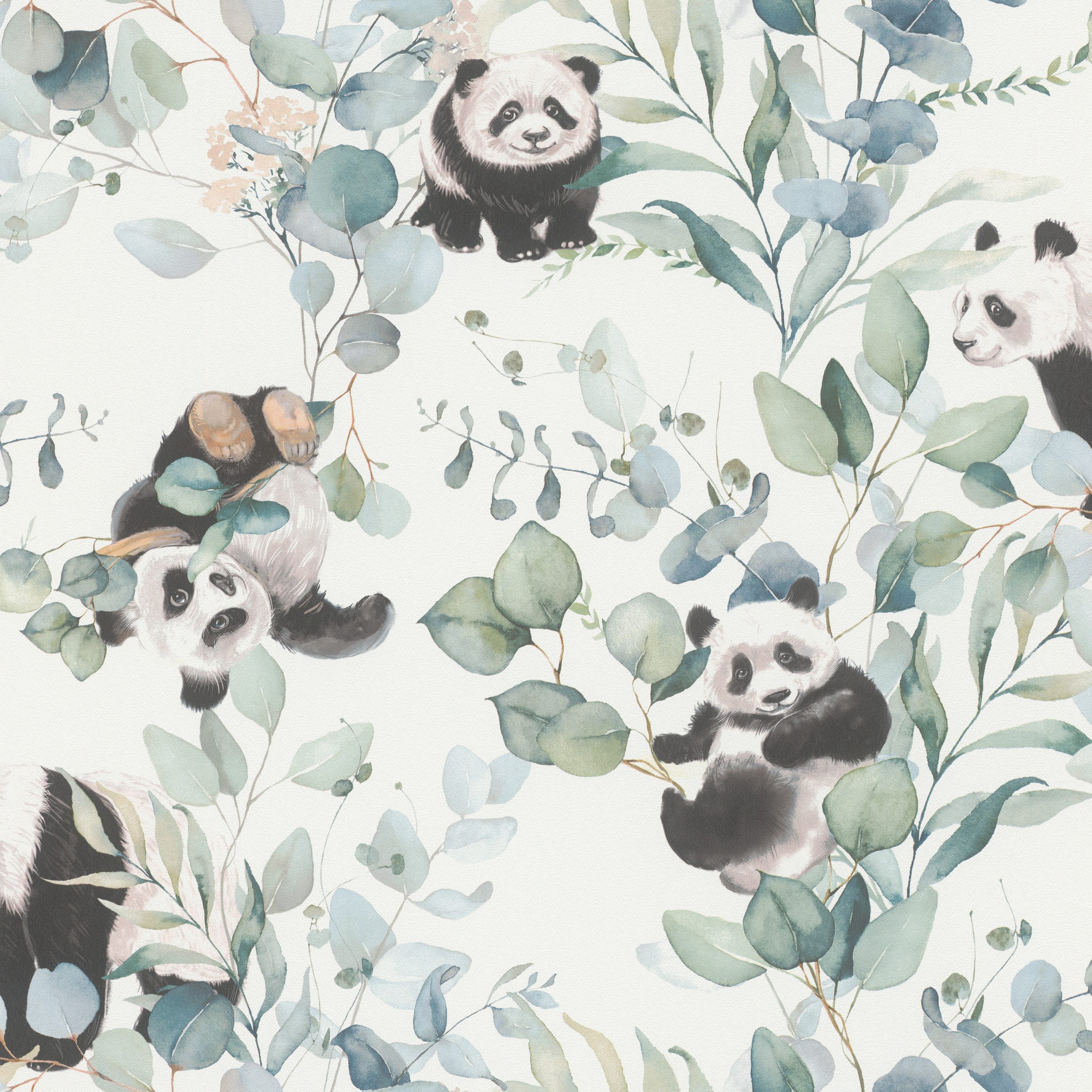 Rasch Vliestapete Panda-Motiv Weiß Creme Schwarz Grün, Fotodruck, (1 Rolle, 1 St., Kollektion 'Kids World II' - 10,05 m x 0,53 m), gute Lichtbeständigkeit, feucht abwischbar, restlos abziehbar