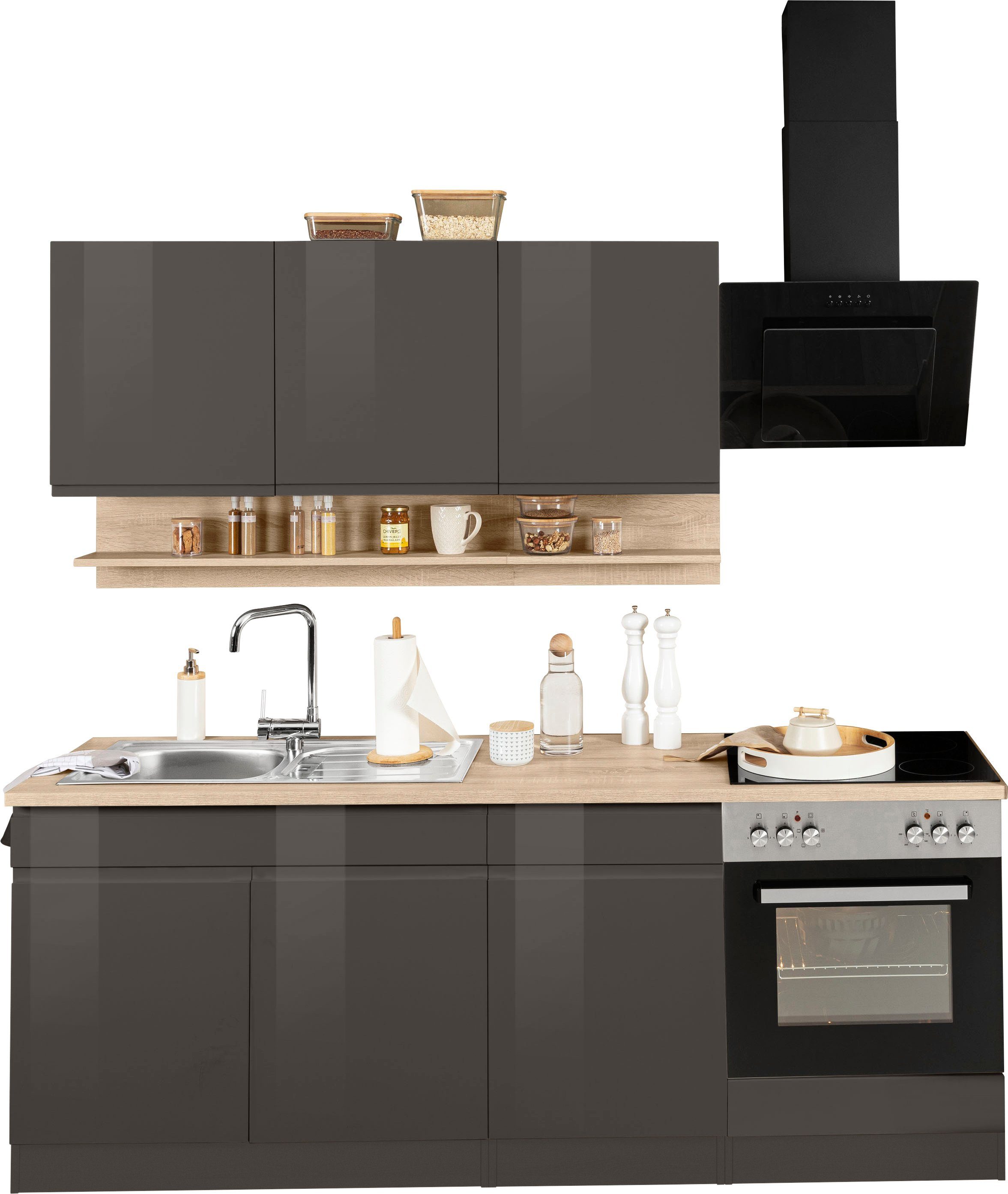 Front: grau Hochglanz | Korpus: graphit | Arbeitsplatte: eiche sonoma