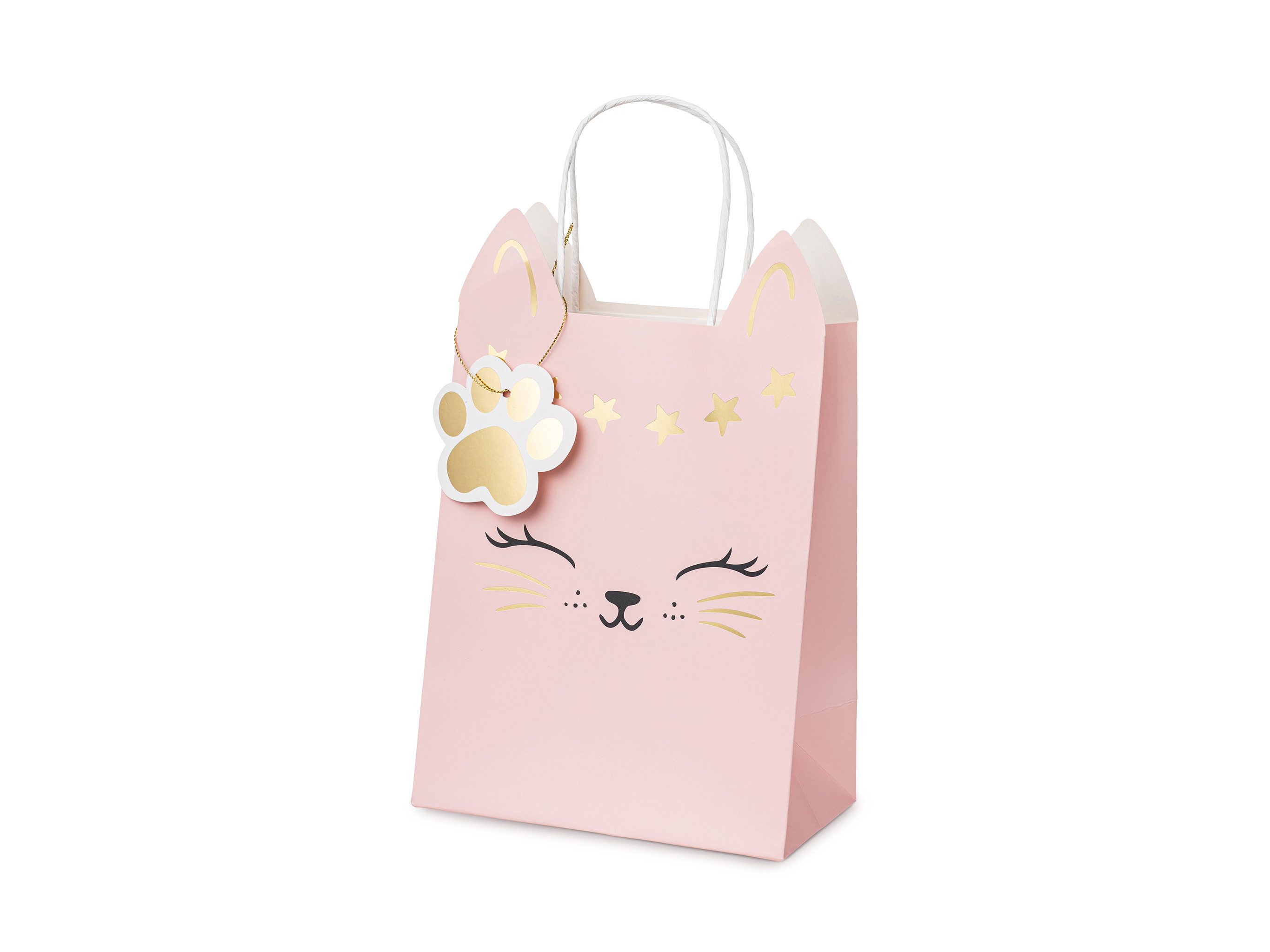 partydeco Aufbewahrungstasche, Geschenktüte Katze mit Henkel 18x10x27cm Hellrosa / Gold