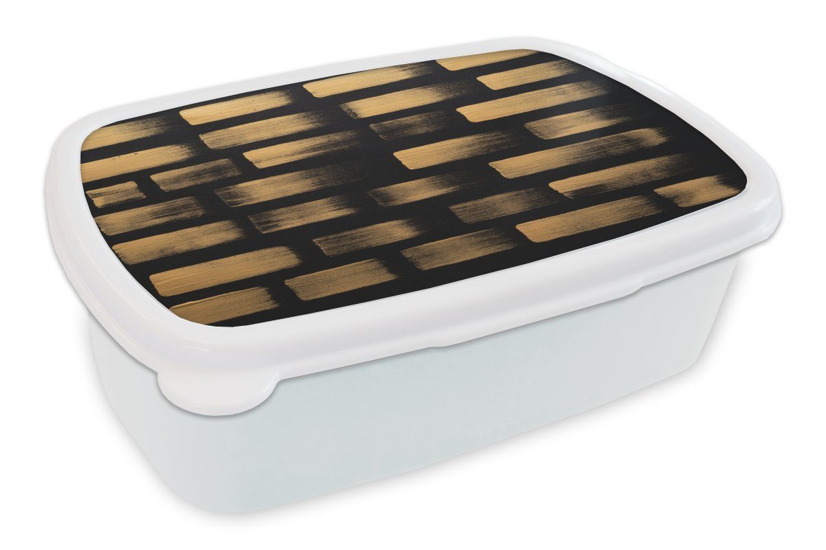 MuchoWow Lunchbox Goldfarbene Streifen auf schwarzem Papier, Kunststoff, (2-tlg), Brotbox für Kinder und Erwachsene, Brotdose, für Jungs und Mädchen weiß