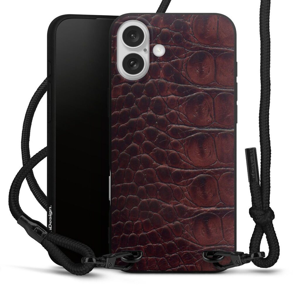 DeinDesign Handyhülle Krokodil Leder Animalprint Croco dark brown, Apple iPhone 16 Plus Premium Handykette Hülle mit Band Cover mit Kette