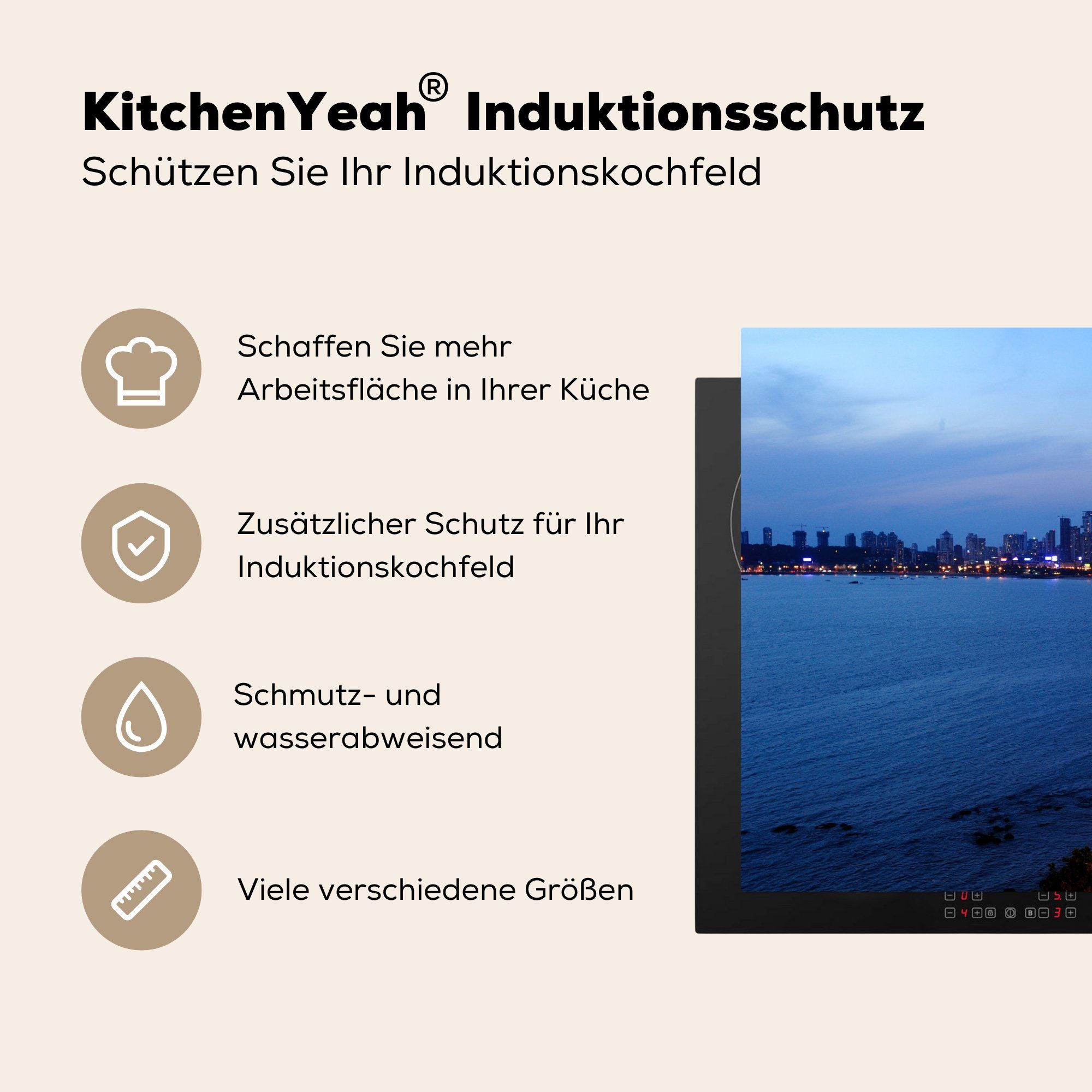 Herdblende-/Abdeckplatte die küche, Induktionskochfeld Drive für tlg), 81x52 Vinyl, beleuchtete cm, Mumbai, Marine in Schutz Der MuchoWow Ceranfeldabdeckung (1