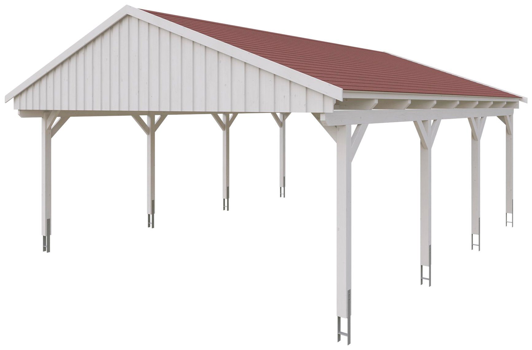 Skanholz Doppelcarport Fichtelberg, BxT: 618x808 cm, 574 cm Einfahrtshöhe,  mit roten Schindeln, Satteldach-Carport, farblich behandelt in weiß