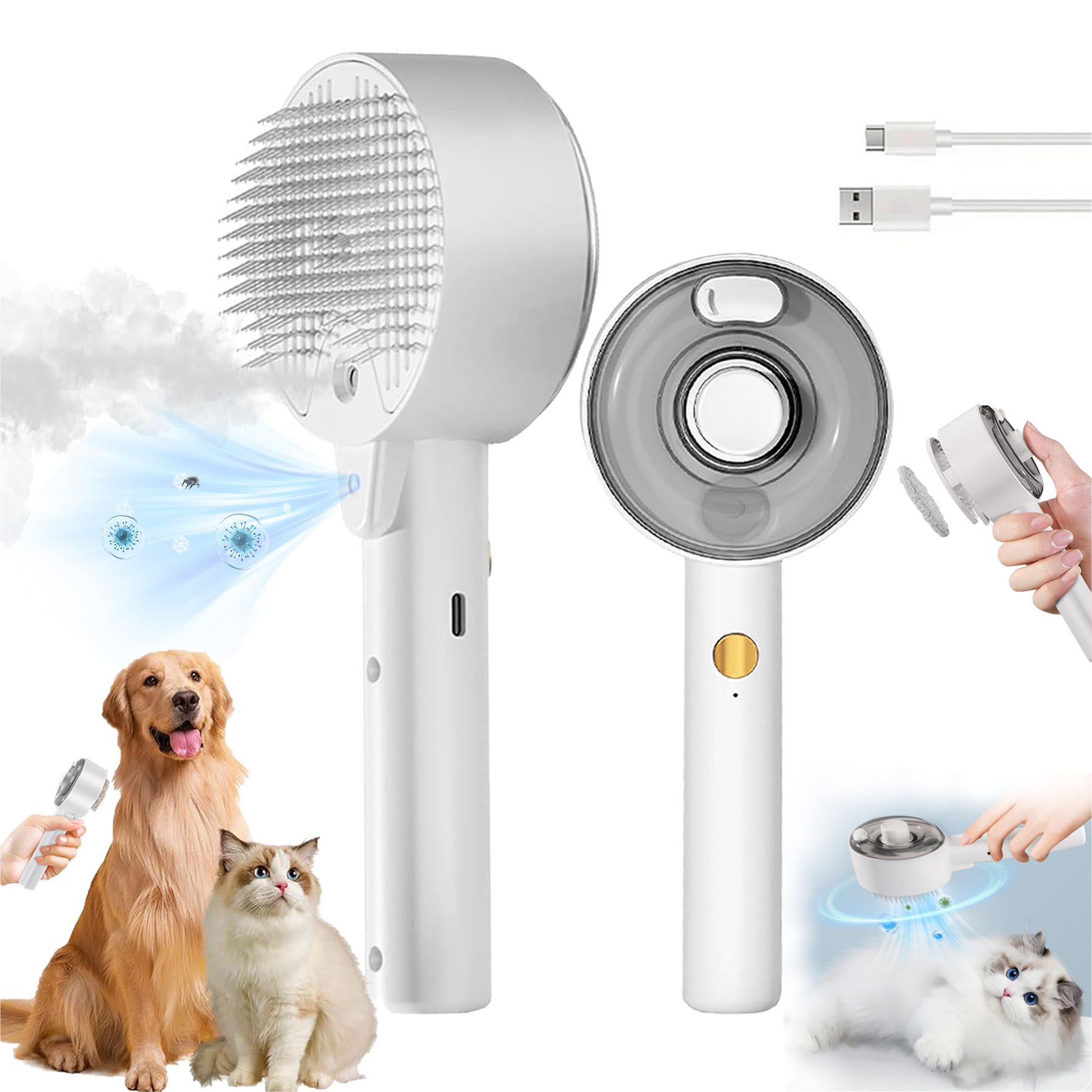 Senmudi Fellbürste Haustierbürste mit Dampffunktion,3-in-1 gegen Unterfell & Verfilzungen, Ein-Knopf-Haarentfernung, mit UV-Sterilisation und Milbenentfernung, (USB Aufladbar Tierpflegebürste,Zwei-Geschwindigkeits-Sprühfunktion), Tierpflegebürste für Lang