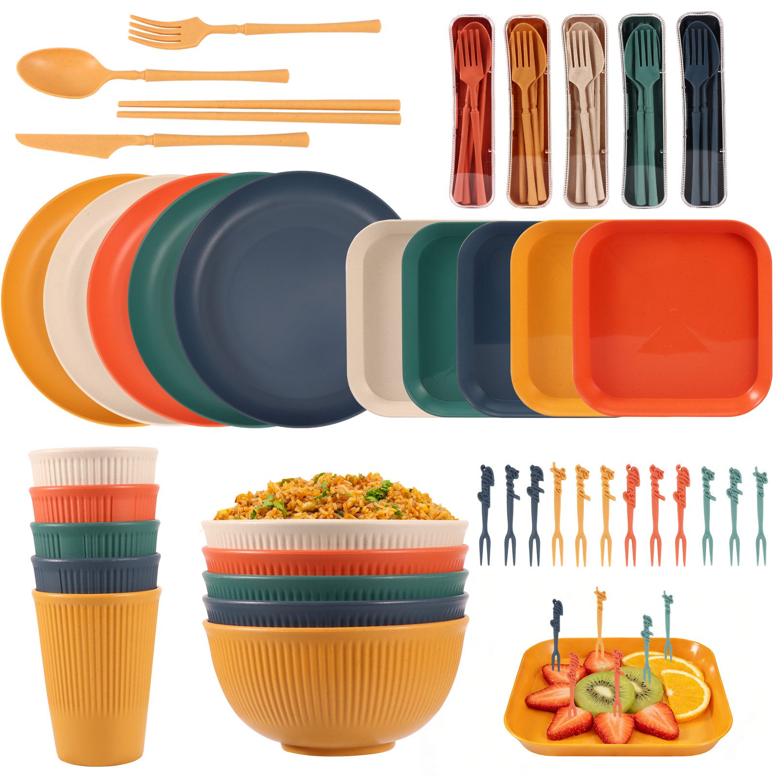 BlingBin Geschirr-Set 24/52 Teiliges Unzerbrechliches Camping Geschirr Set für 5-6 Personen (52-tlg), 5 Personen, Kunststoff, Kunststoff Servierteller Schüsseln Besteck für Party,Zuhause,Picknick