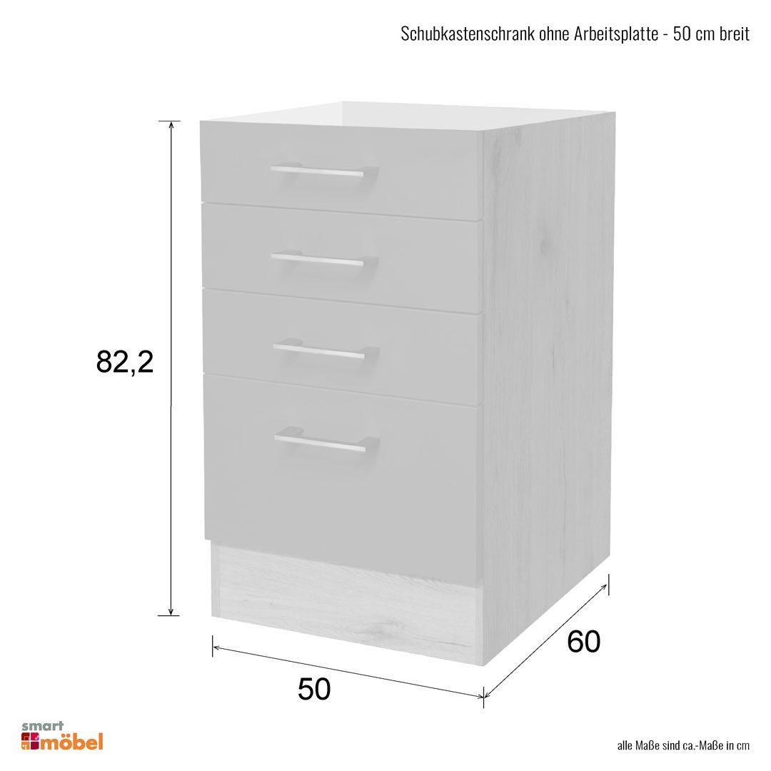 Flex-Well Schubkasten-Unterbau Schubkastenschrank ohne Arbeitsplatte - 50 cm breit - Hochglanz Weiß