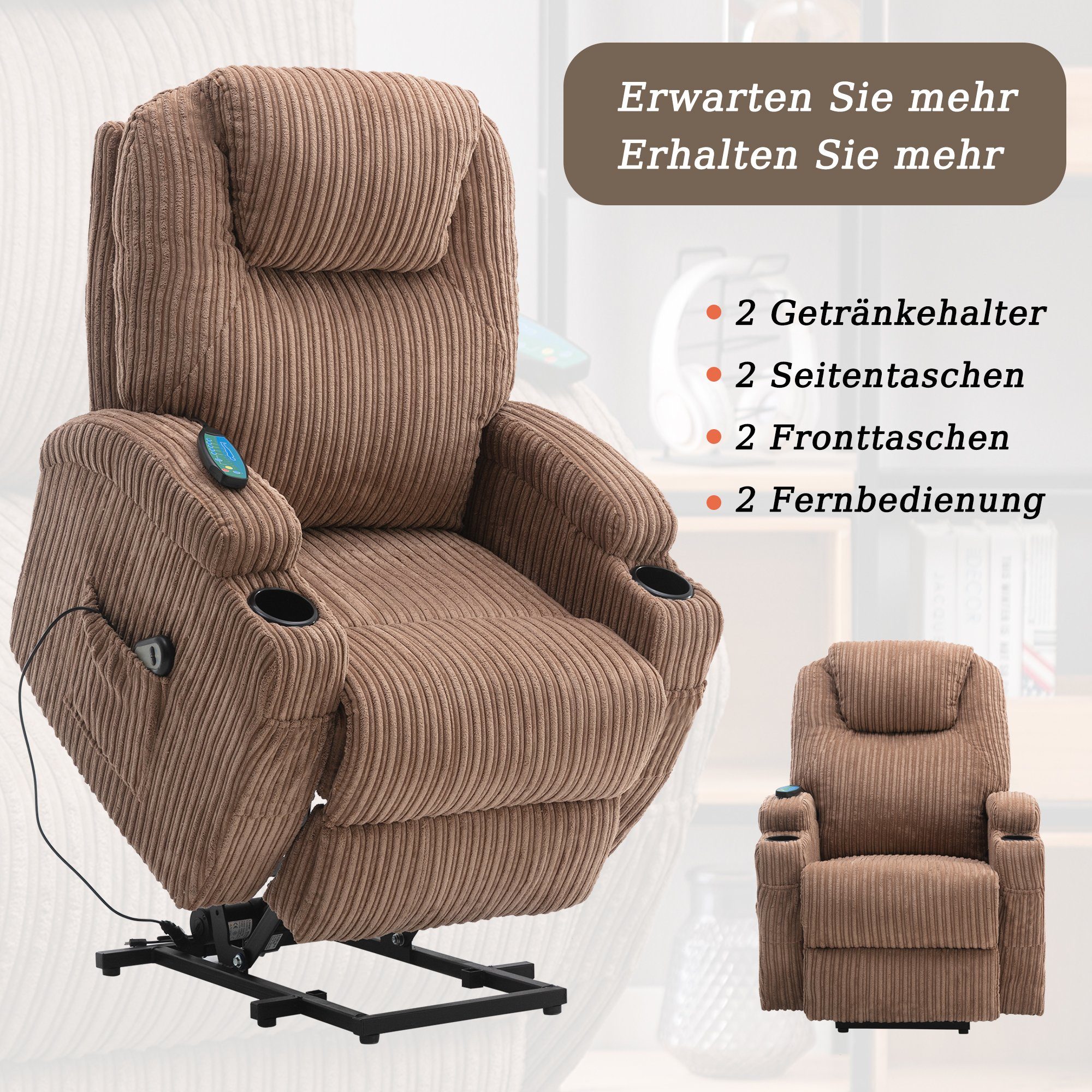 OKWISH TV-Sessel Elektrisch verstellbarer Fernbedienung verstellbarer ältere Massagesessel Seitentaschen Getränkehaltern, mit Stoff-Liegesofa), Menschen, elektrisch 2 Braun und Sesse, für (Massagesessel