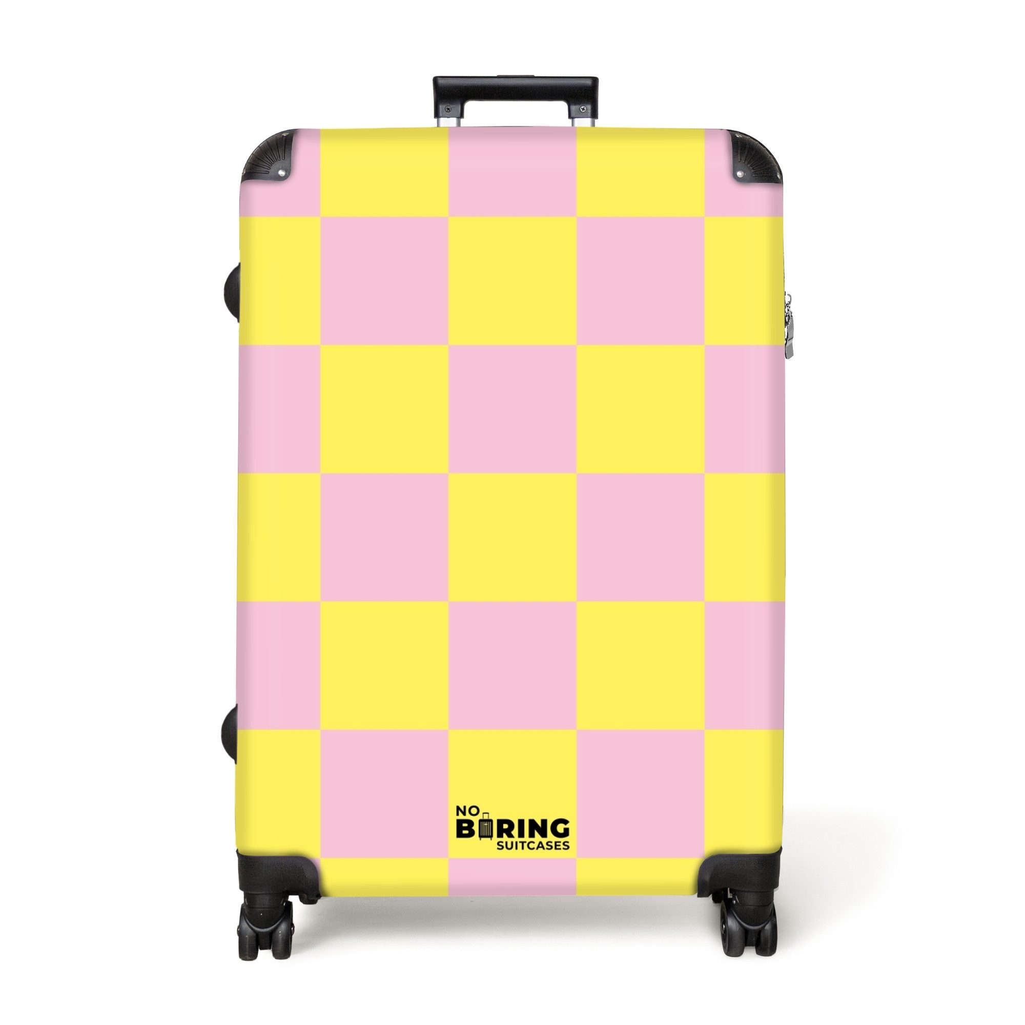 NoBoringSuitcases.com© Hartschalen-Trolley Gelb mit rosa Schachbrettmuster günstig online kaufen