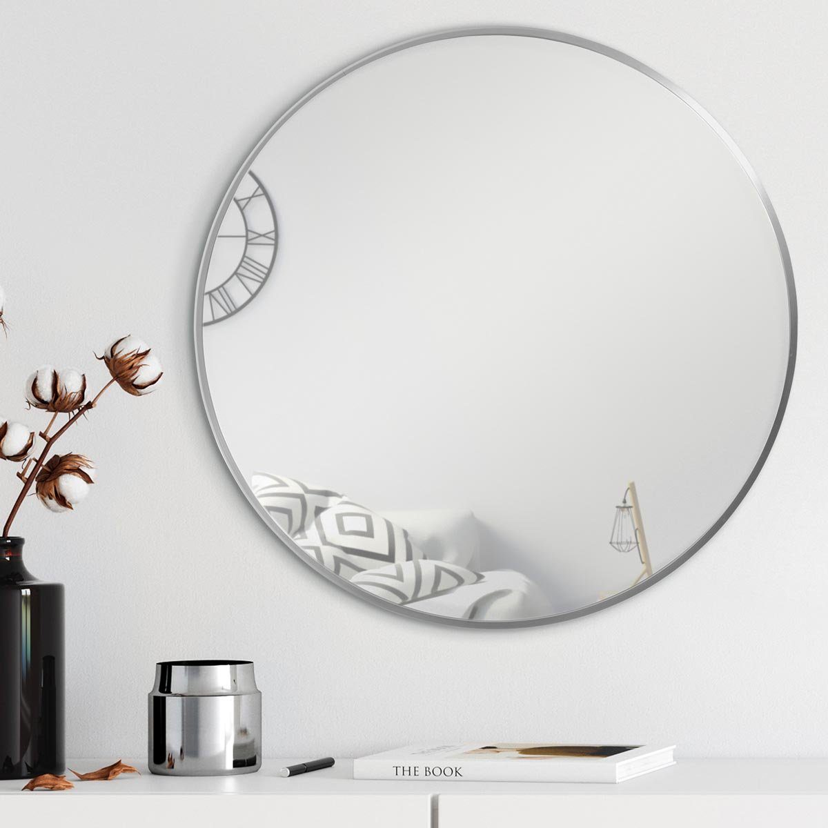mit Wandspiegel, PHOTOLINI schmaler Silber, Rahmen rund eleganter Metallrahmen Spiegel