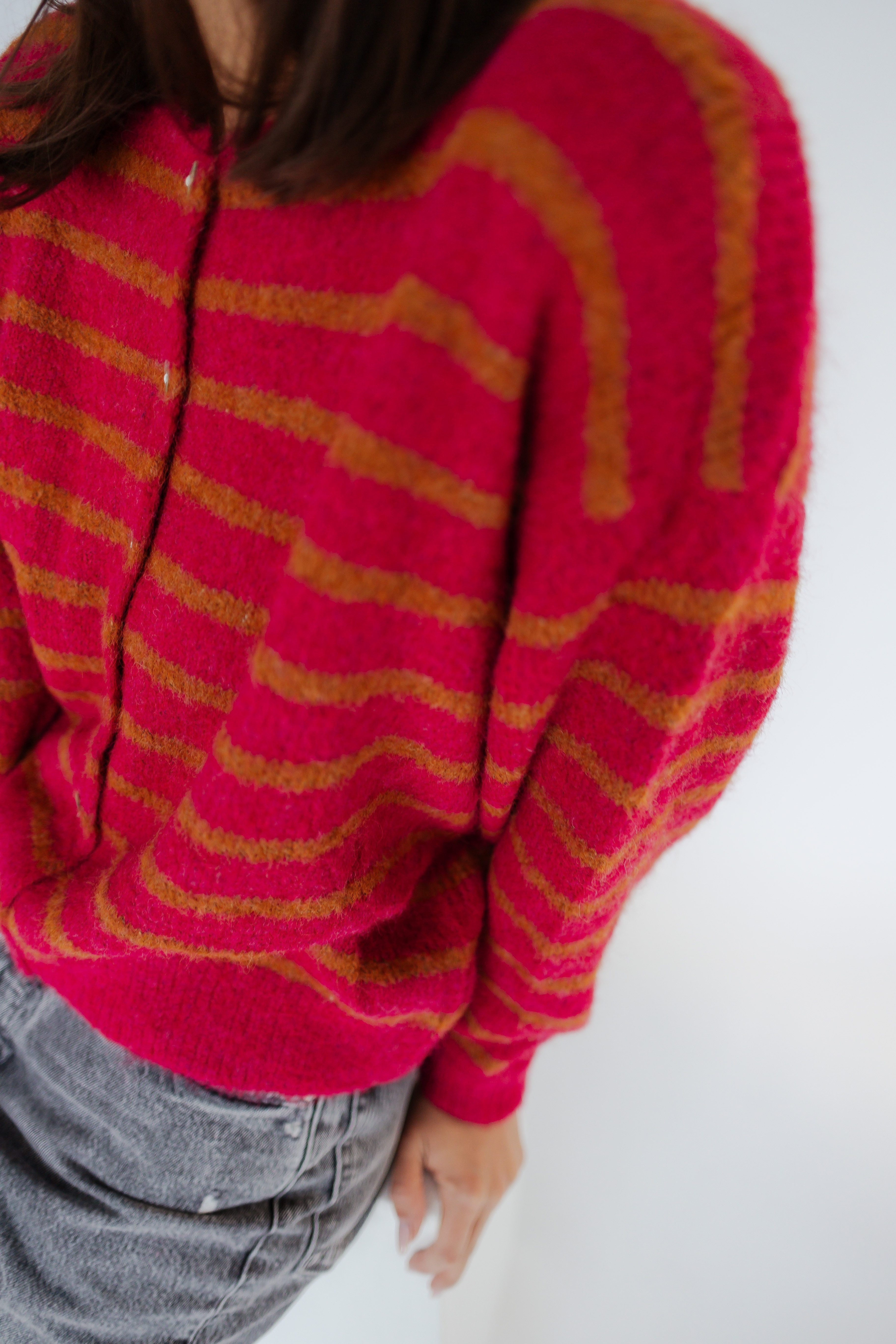 von Herzen Strickjacke Cardigan mit Streifen - Knopfleiste - Fuchsia/Senfgelb - Onesize