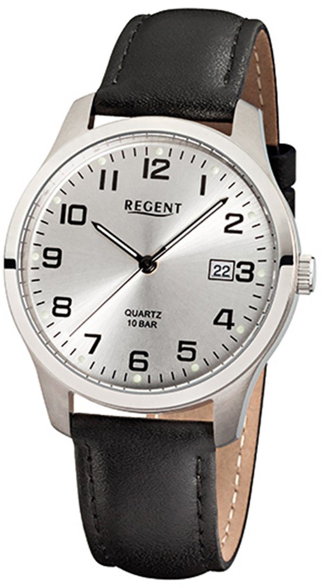 Regent Quarzuhr Regent Herren-Armbanduhr schwarz Analog, Herren Armbanduhr rund, mittel (ca. 37mm), Lederarmband