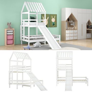 HAUSS SPLOE Kinderbett 200x90cm mit Leiter, Dach, Rutsche, Fallschutz und Gitter, weiß, Rahmen aus massiver Kiefer