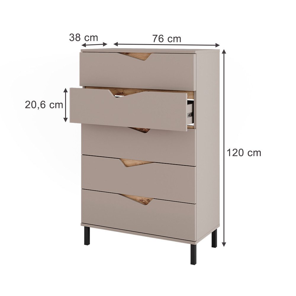 Vicco Kommode Marelle, Greige/Artisan, 76 x 120 cm mit 5 Schubladen (1 St)