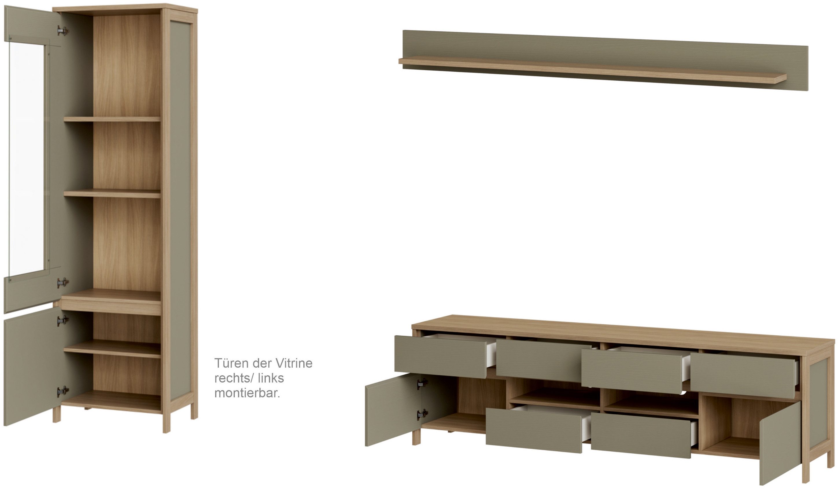 Home affaire Wohnwand Stranda, moderne Anbauwand, Komplettset im Scandi-Style, (3-St), enthält Vitrine, Lowboard und Wandboard, 270 cm breit