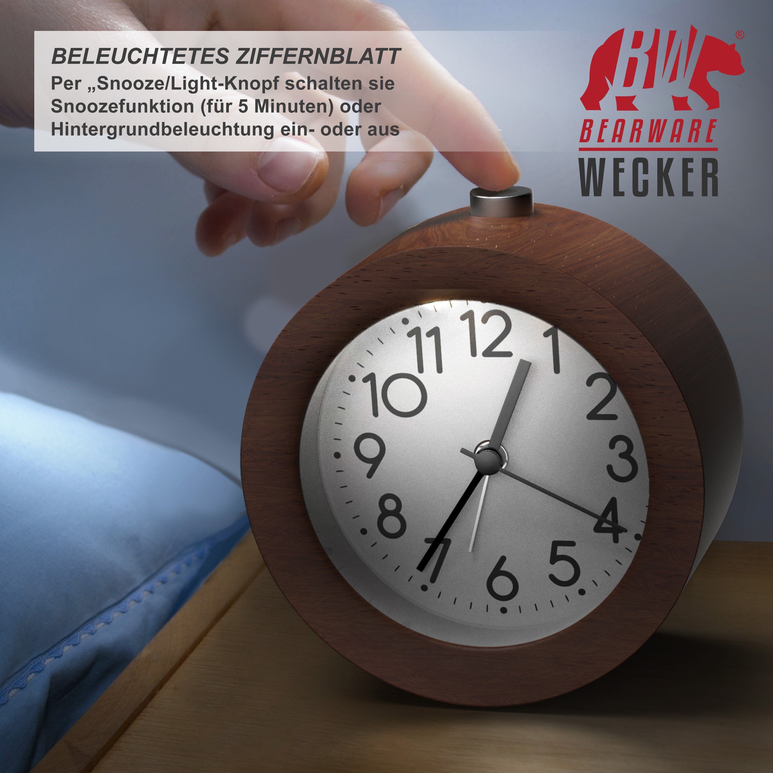 BEARWARE Wecker Analoge Weckuhr mit beleuchtetem rundem & Holzkorpus Nussbaum Ziffernblatt