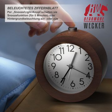 BEARWARE Wecker Analoge Weckuhr mit rundem Holzkorpus & beleuchtetem Ziffernblatt