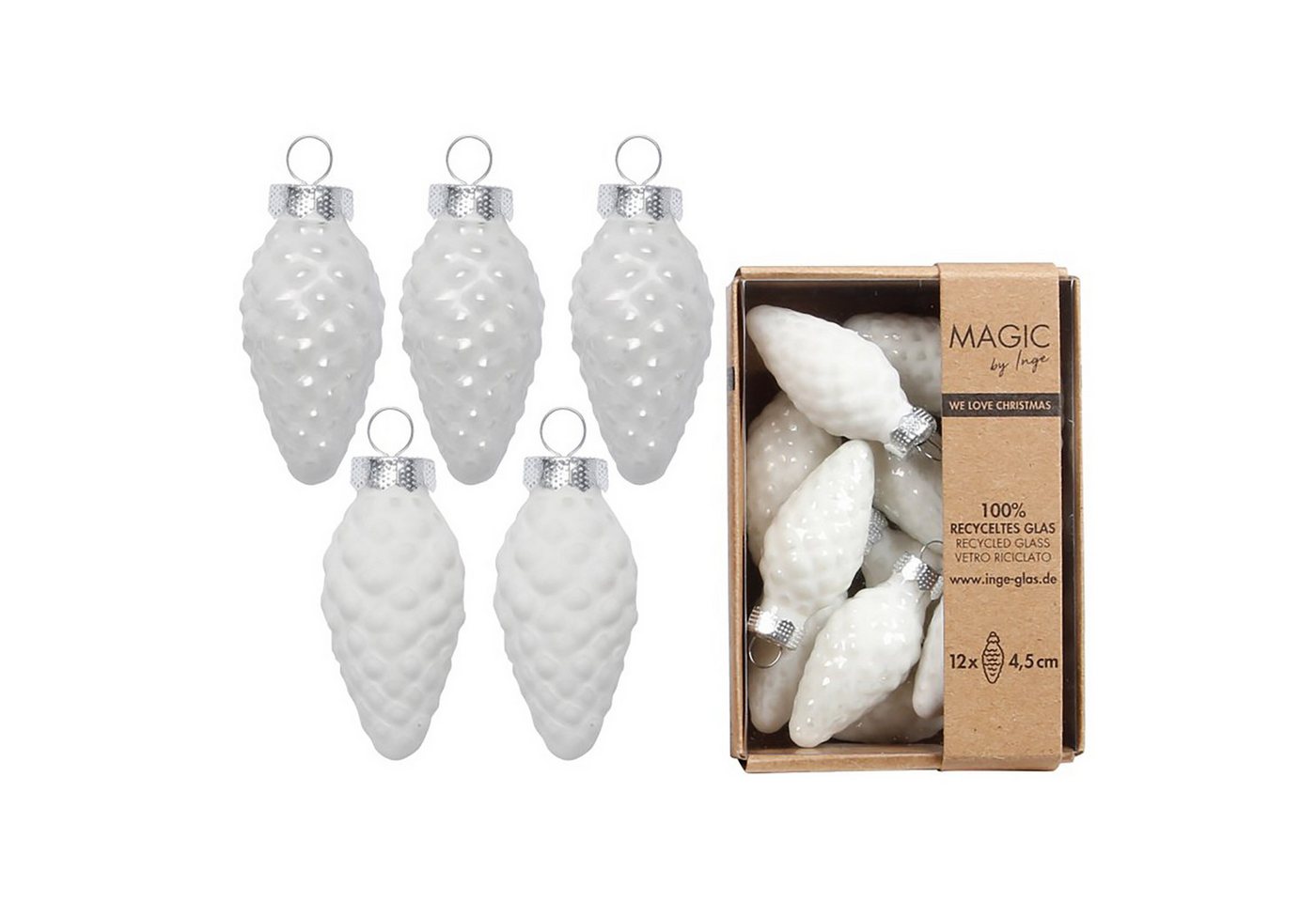 Holly & Jolly Christbaumschmuck, Christbaumschmuck Zapfen 4,5cm Glas 12 Stück - Pure White