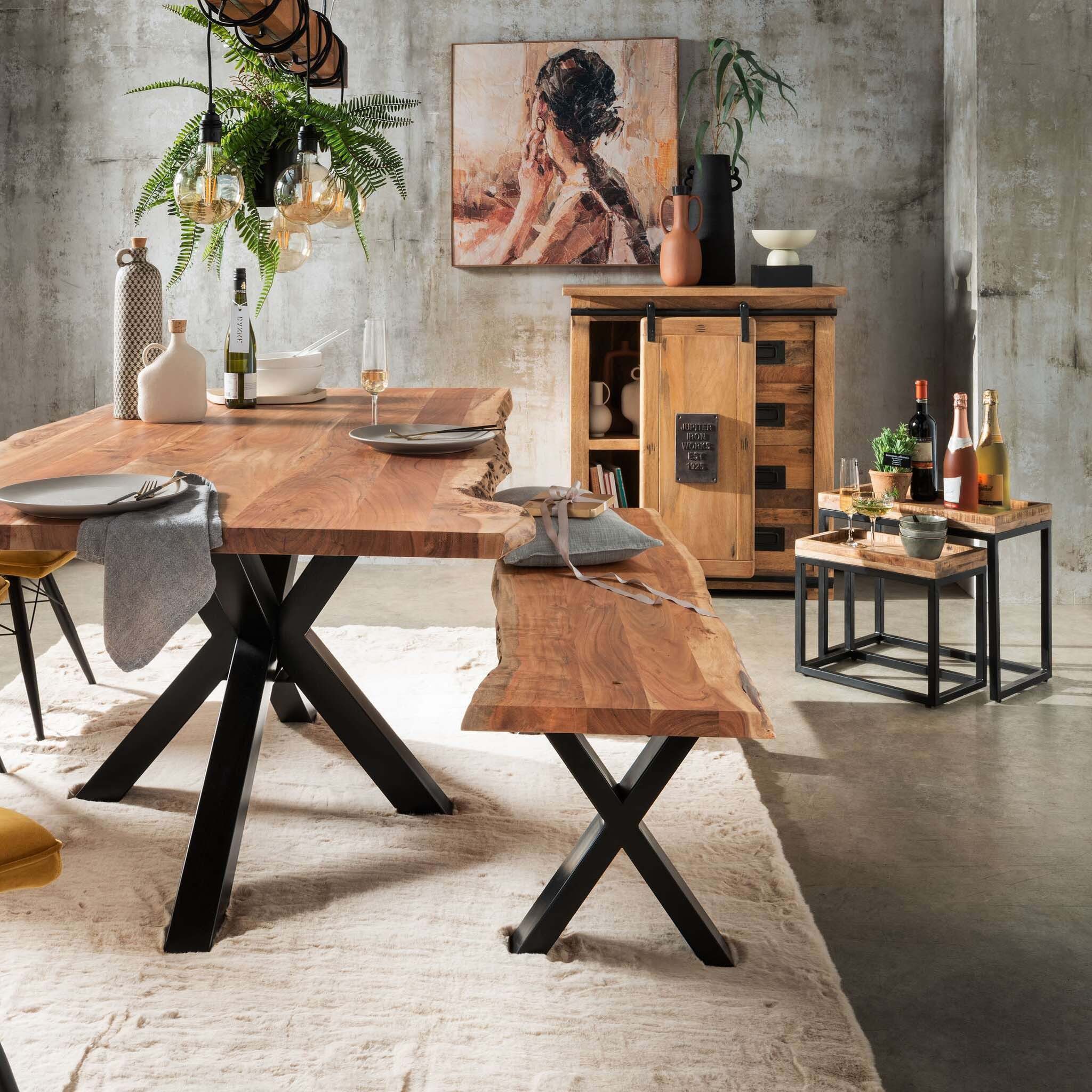 bene living Kommode Florenz Vintage - 90 cm - Mangoholz (Indoor-Möbelset, 1 St), hochwertiges Massivholz - Schiebetür und Schubladen