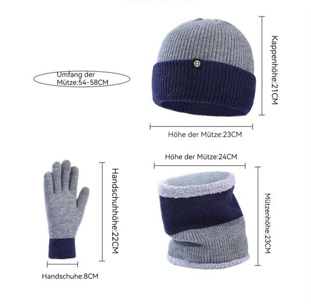 Rouemi Mütze Schal & Dreiteiliges Schal Mütze Strickmützen-Set,Warme Set Handschuhe Grau kalte