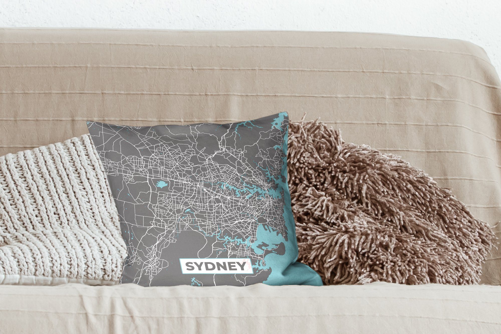 MuchoWow für - Zierkissen Füllung Deko, Blau Dekokissen Karte Stadtplan, mit - Wohzimmer, Sydney Sofakissen - Schlafzimmer,
