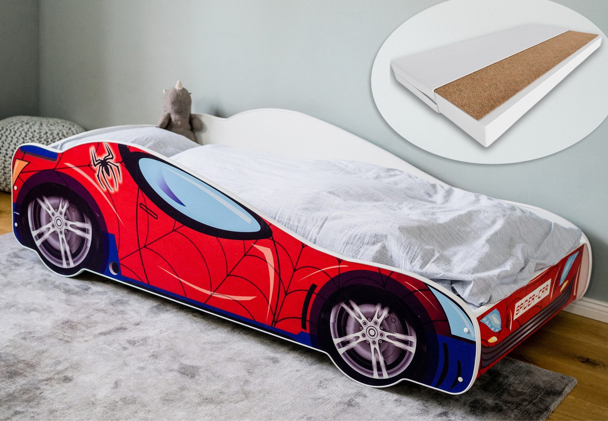 Kids Collective Kinderbett Kinderbett Jugendbett Spider 70x140, 80x160 cm mit Rausfallschutz, Autobett mit Matratze, Lattenrost und Fallschutz 80x160 cm