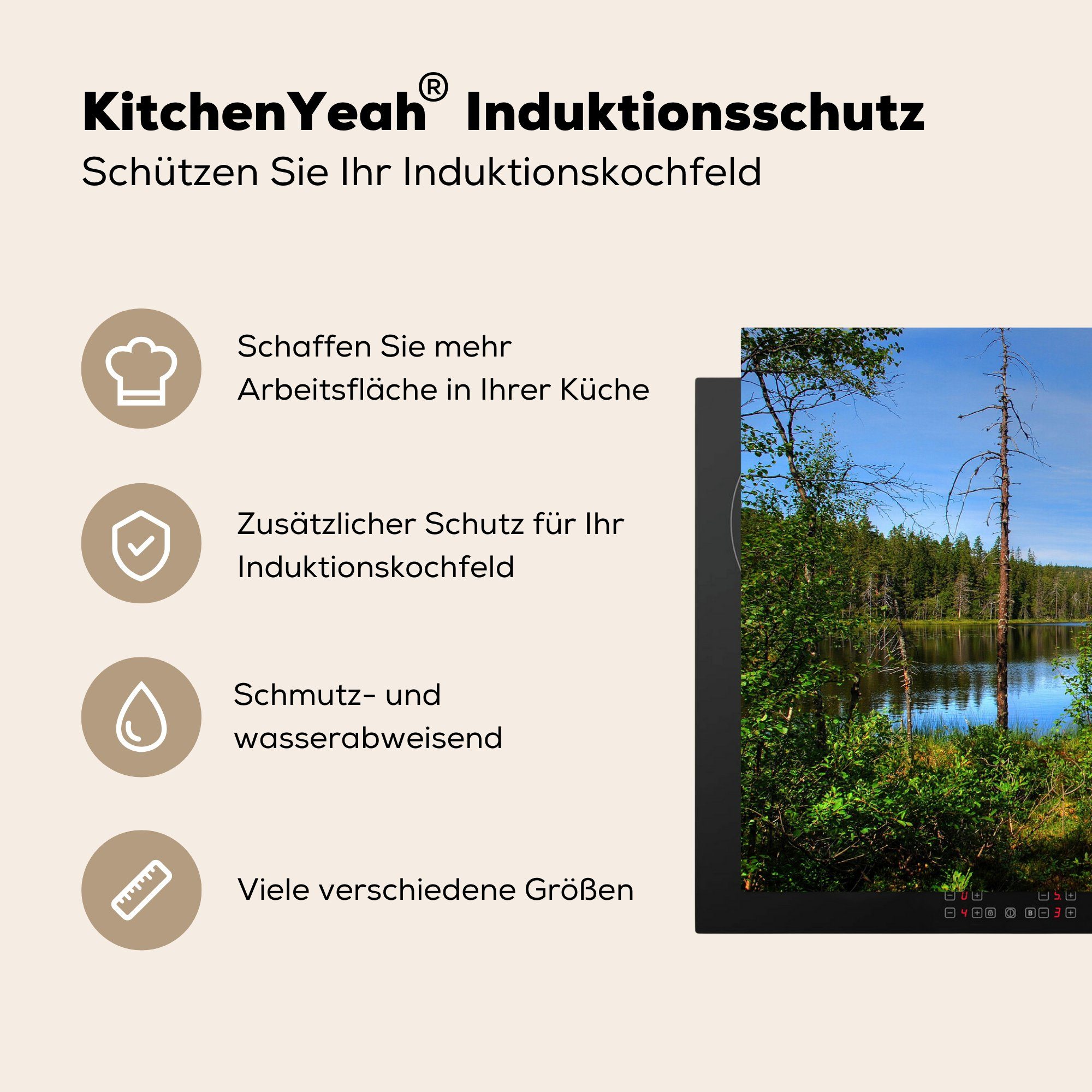 einem Wälder 81x52 Induktionskochfeld Herdblende-/Abdeckplatte die Skulesogen-Nationalpark, küche, (1 ruhigen Schutz Ceranfeldabdeckung MuchoWow im See Vinyl, der für cm, in Spiegelung tlg),