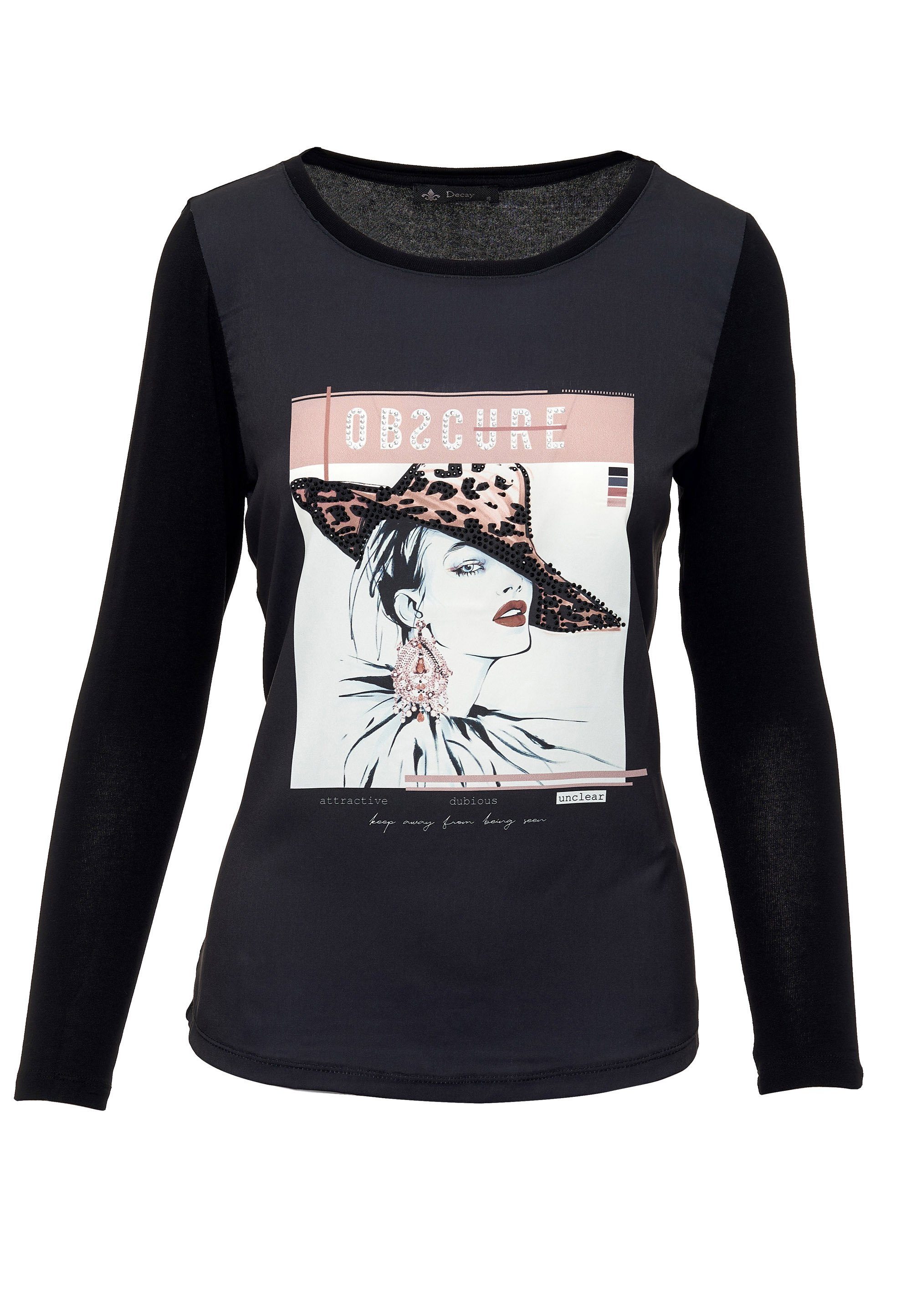 Portrait-Druck Langarmshirt extravagantem Decay schwarz mit