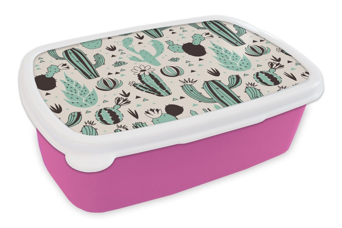 MuchoWow Lunchbox Kaktus - Muster - Blumen, Kunststoff, (2-tlg), Brotbox für Erwachsene, Brotdose Kinder, Snackbox, Mädchen, Kunststoff rosa
