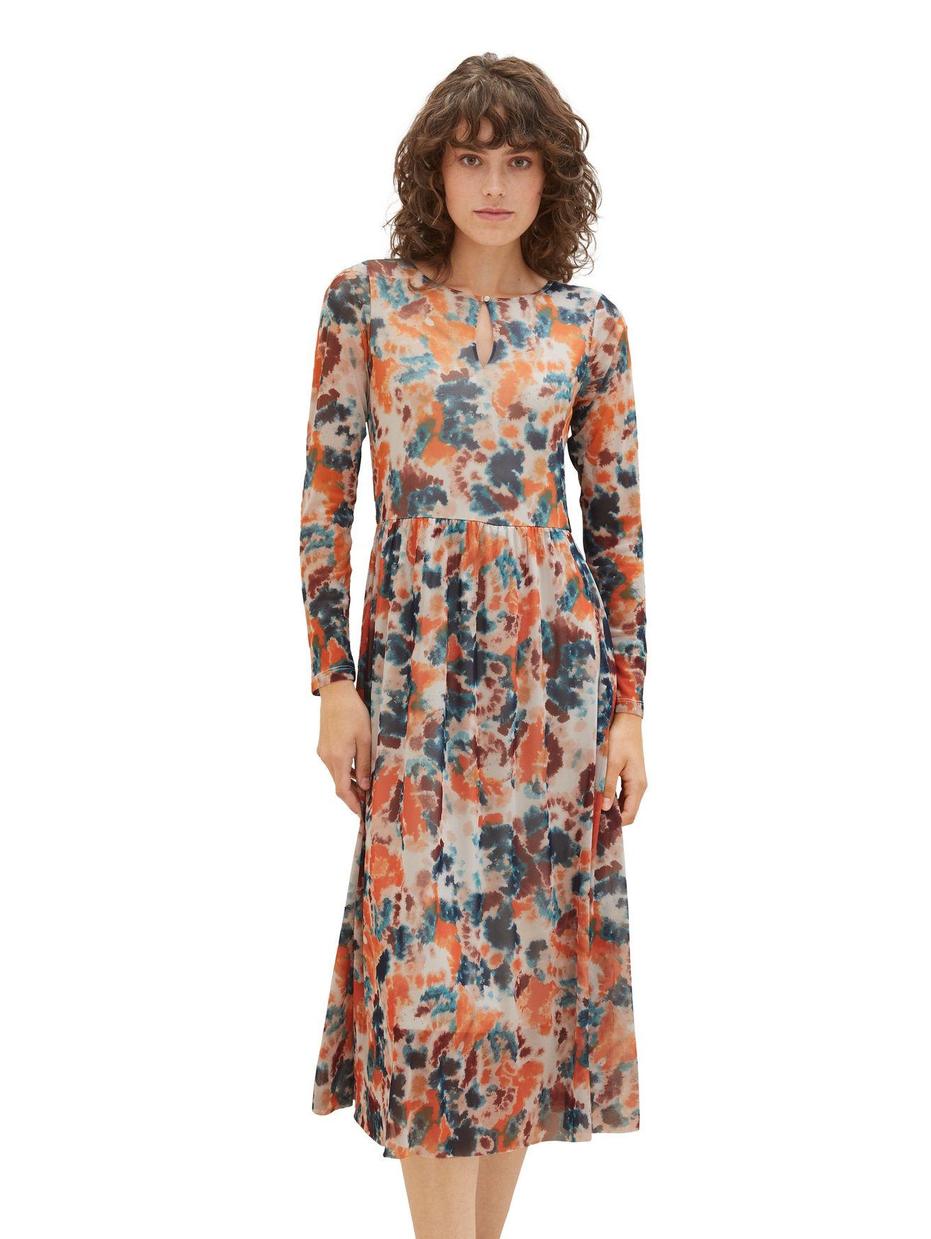 TOM TAILOR Abendkleid Midi Kleid mit Knopfdetail printed mesh dress (lang) 6310 in Grau mehr