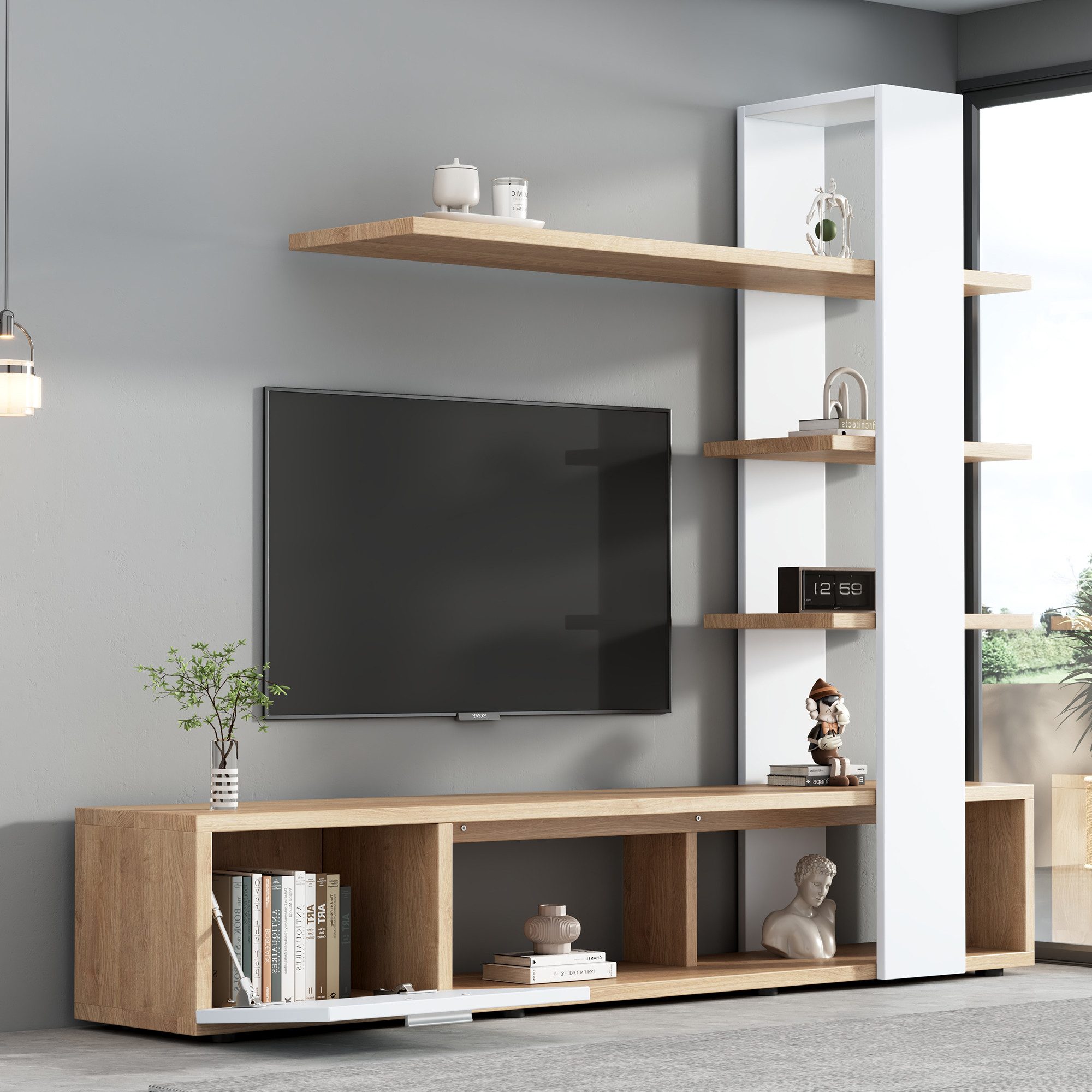 STILVORA Wohnzimmer-Set mit Lowboard&offene Regale,Möbelset Wohnzimmerset aus PB,Weiß, (Eichenweiß TV-Schrank,Lowboard,TV Wohnwand Set,Wohnzimmer Möbel Set, 1-St., 180* 33,5*151,5 cm), geeignet für Fernseher unter 60 Zoll