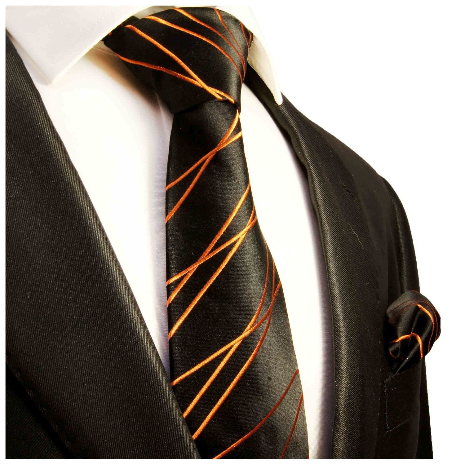 Paul Malone Krawatte Herren Seidenkrawatte mit Tuch modern gestreift 100% Seide (Set, 2-St., Krawatte mit Einstecktuch) Breit (8cm), schwarz orange 359