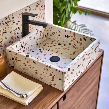 Tikamoon Waschbecken Made Quadratisches Waschbecken aus Premium-Terrazzo Brown