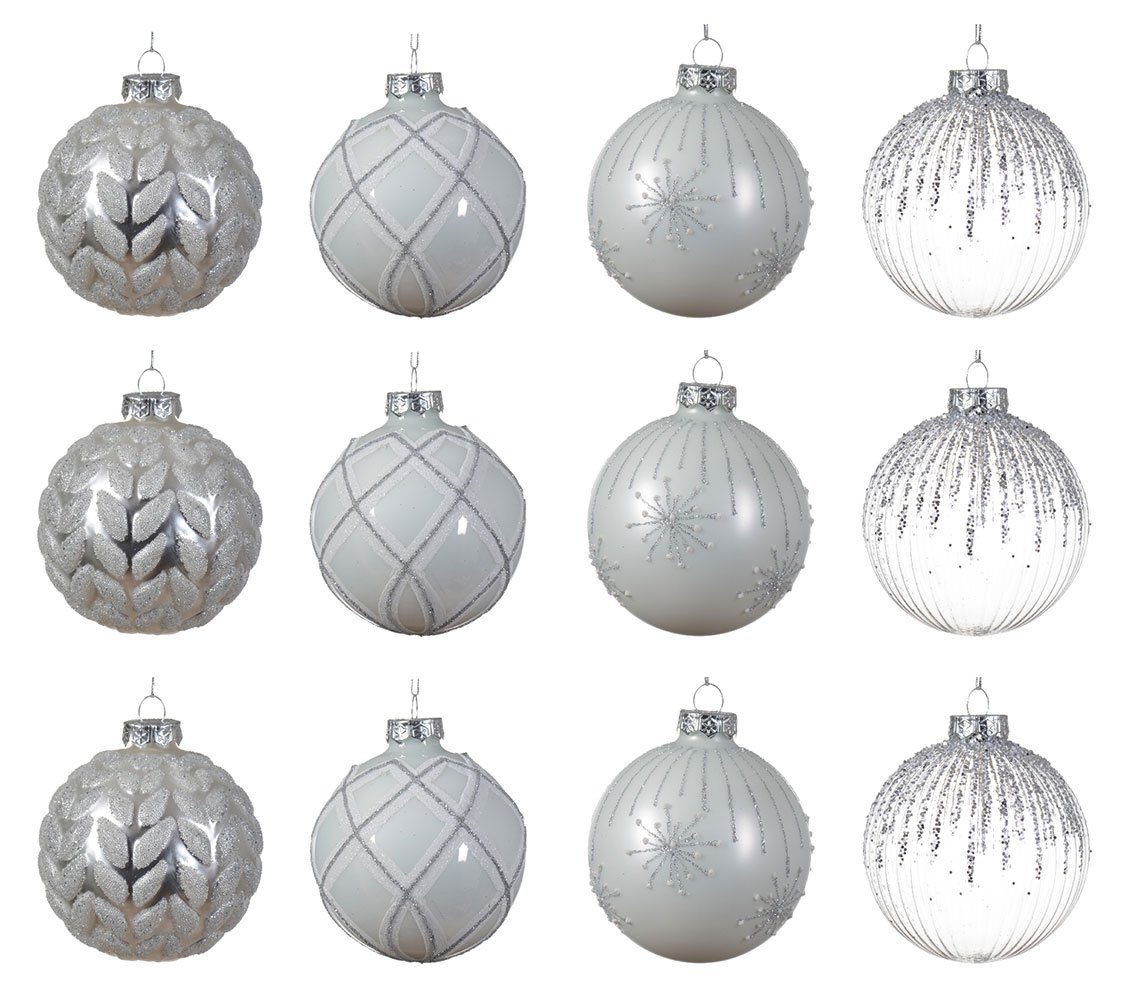 Decoris / season Glas Weiß Silber Set Weihnachtskugeln 8cm, decorations 12er - Weihnachtsbaumkugel, Ornamente Mix