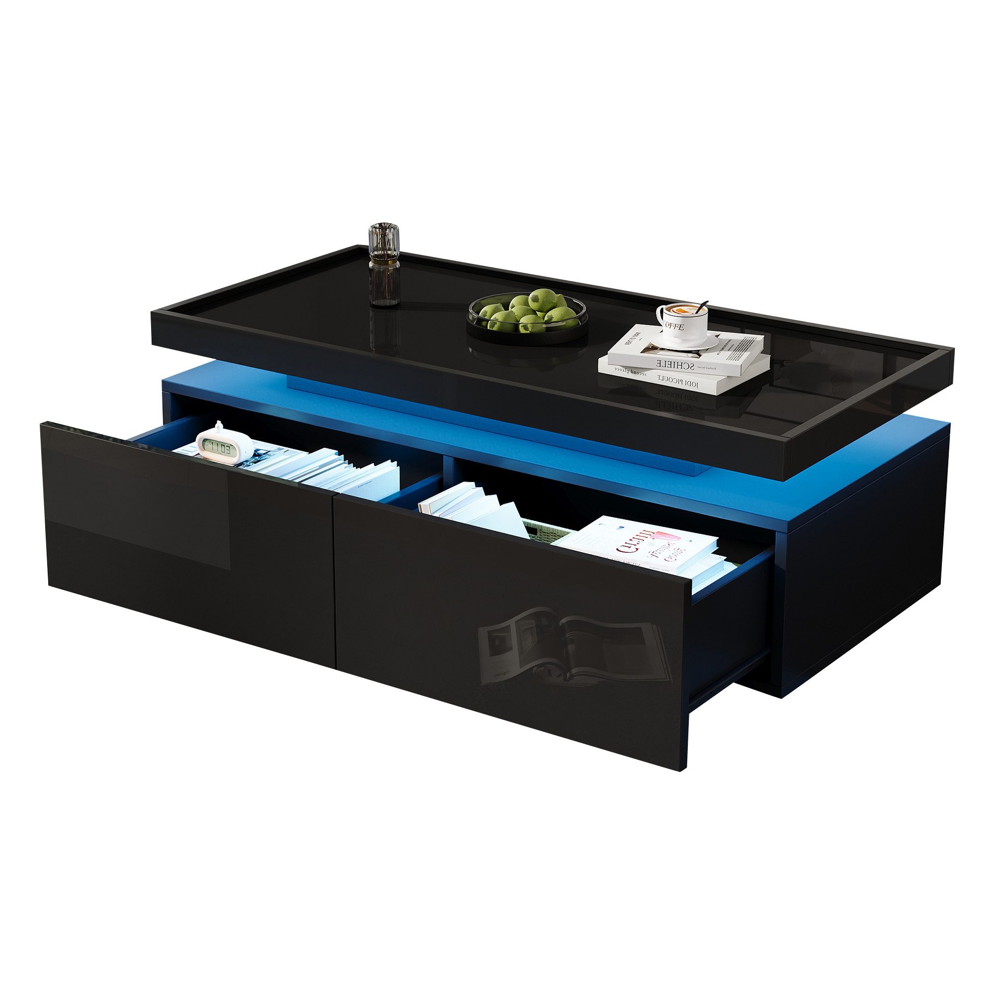 Merax Couchtisch Couchtisch hochglanz Sofatisch Beistelltisch mit LED-Beleuchtung (1-St., 1 Tisch), Wohnzimmertisch mit 2 Schubladen & Ablage, inkl. App, 95x45x35 cm