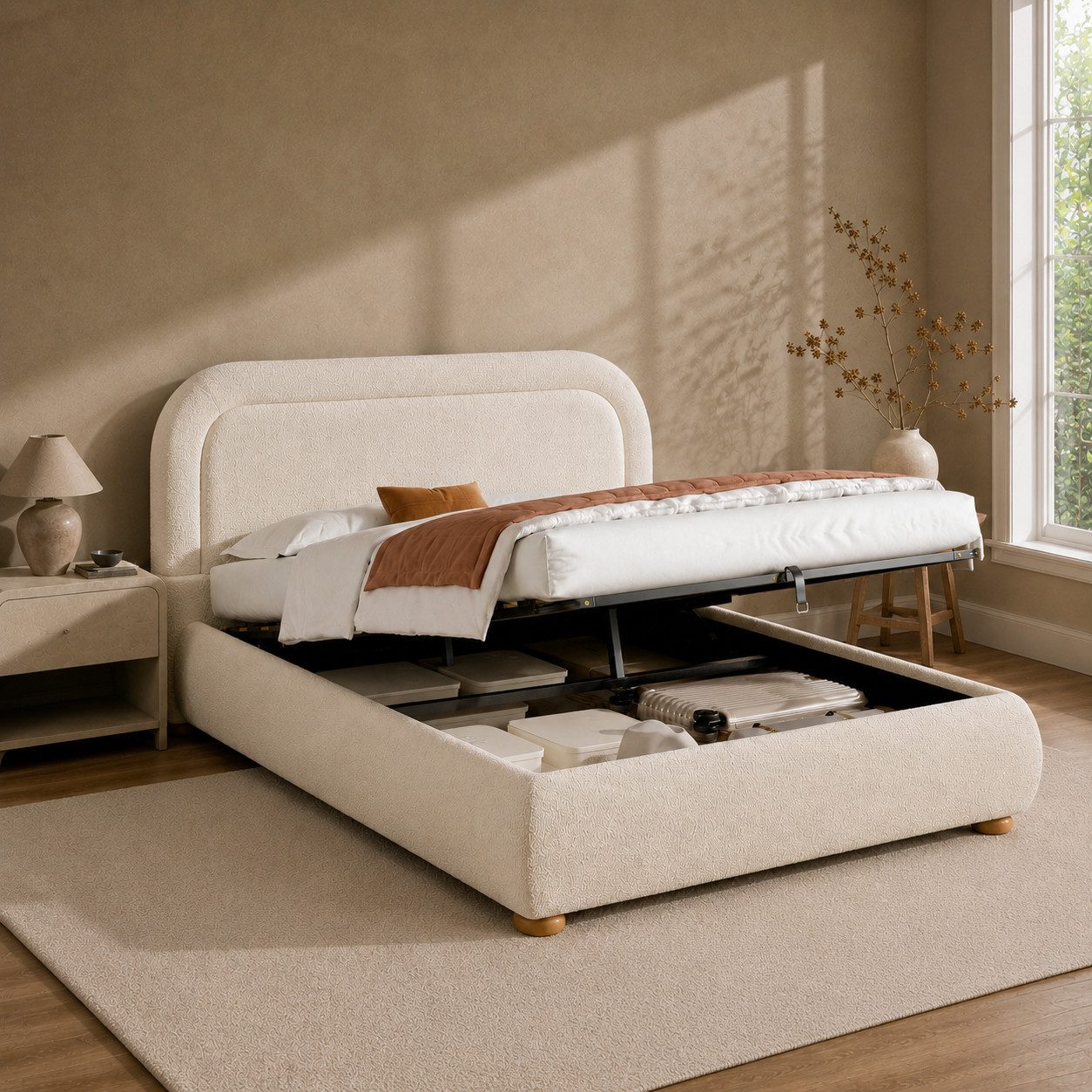 i@home Polsterbett Doppelbett mit Hydraulik-Bettkasten und Lattenrost (gepolstertes Kopfteil aus Bouclé in Beige, 1-tlg., 140x200/160x200 cm), Stauraumbett für Schlafzimmer, ohne Matratze