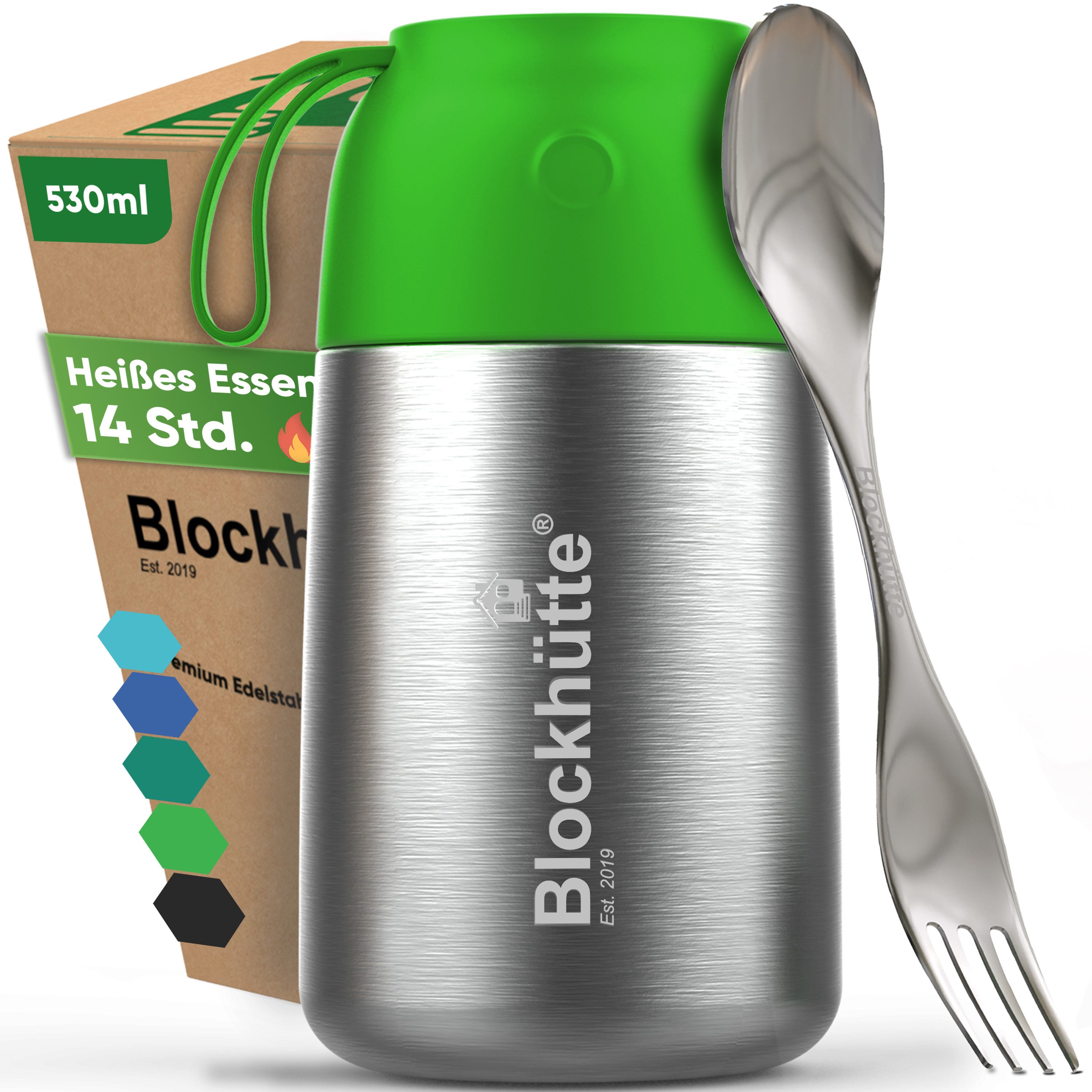 Blockhütte Thermobehälter für Essen - Warmhaltebehälter Essen - Thermo Lunchbox, Edelstahl, Auslaufsicher, 14 Stunden heiß, 19 Stunden kalt