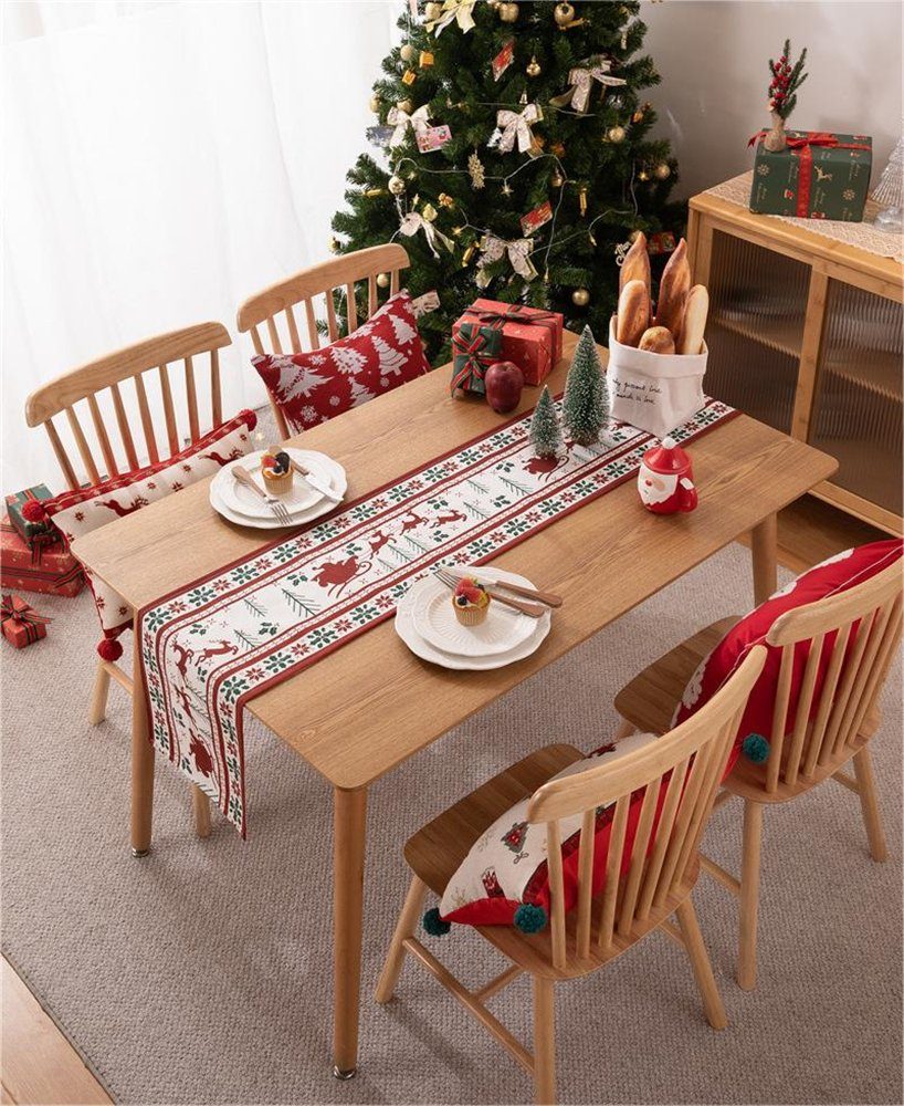 Rouemi Tischband Weihnachten 35×180cm, Rot Weihnachten Quaste Tischdecken, Elch Tischdecken, 35×200cm