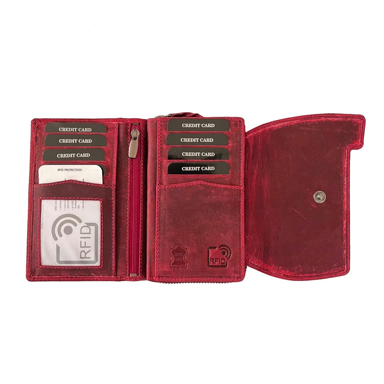 Rot Kartenetui Geldbörse Portemonnaie, Damen mit Hill in eleganter Geldbeutel mit 12 Kartenfächern Buffalo RFID-Schutz Büffelleder >BH-2679<,