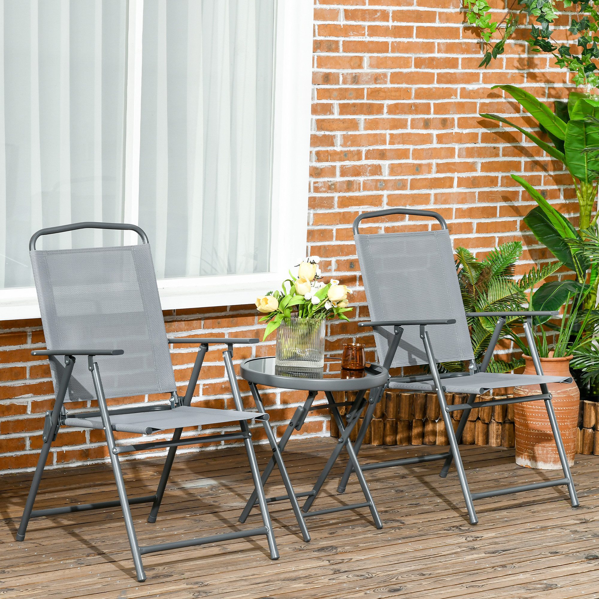 Outsunny Balkonset aus Metall mit klappbar Glastisch Gartenstühlen Outdoor, (Gartenmöbel-Set, 3-tlg., Bistro-Set), Gartengarnitur für Garten, Terrasse, Mesh, Hellgrau