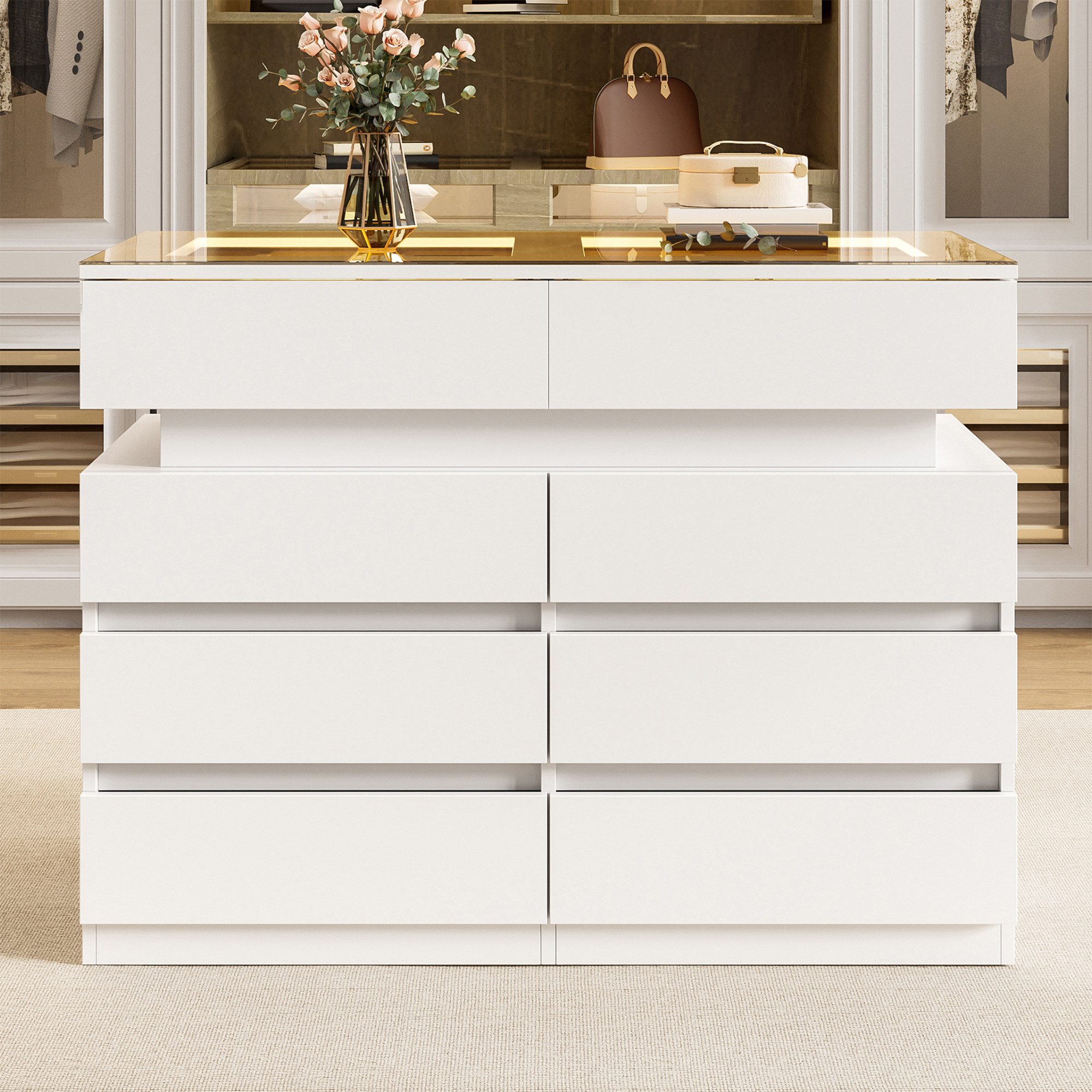 Flieks Kommode mit Glas-Arbeitsplatte, LED-Beleuchtung und 8 Schubladen (1 St., B100/T45/H76 cm), Mehrzweckschrank Schmuckschrank Holzschrank Weiß