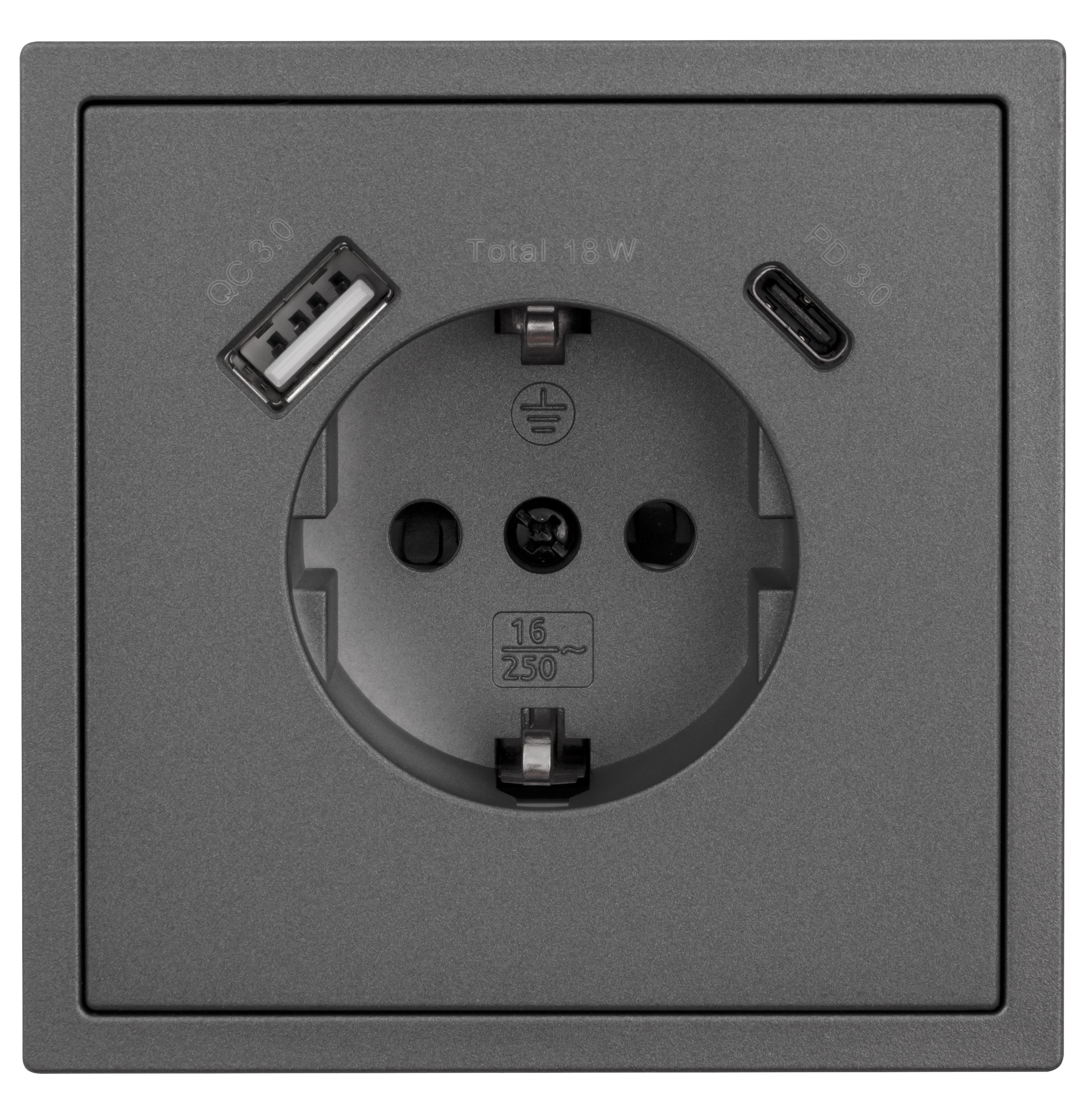 McPower Steckdose Schutzkontakt-Steckdose McPower Shallow 1x USB-C - 18W Quickcharge -