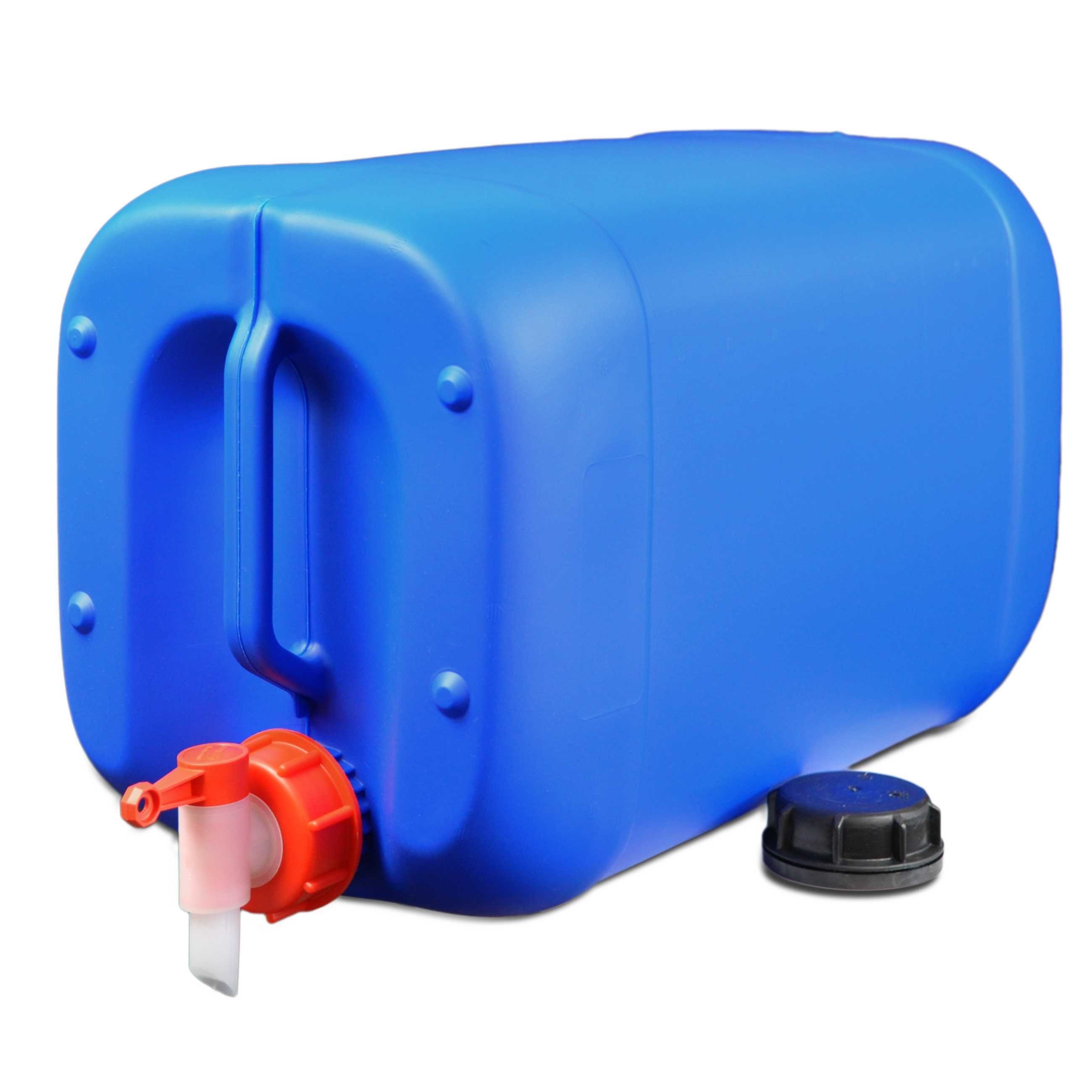 Plasteo Kanister 25 Liter Getränke- Wasserkanister mit 1 Hahn und 1  Schraubdeckel (DIN 61), Lebensmittelecht, Stapelbar, Indoor und Outdoor,  BPA Frei Blau